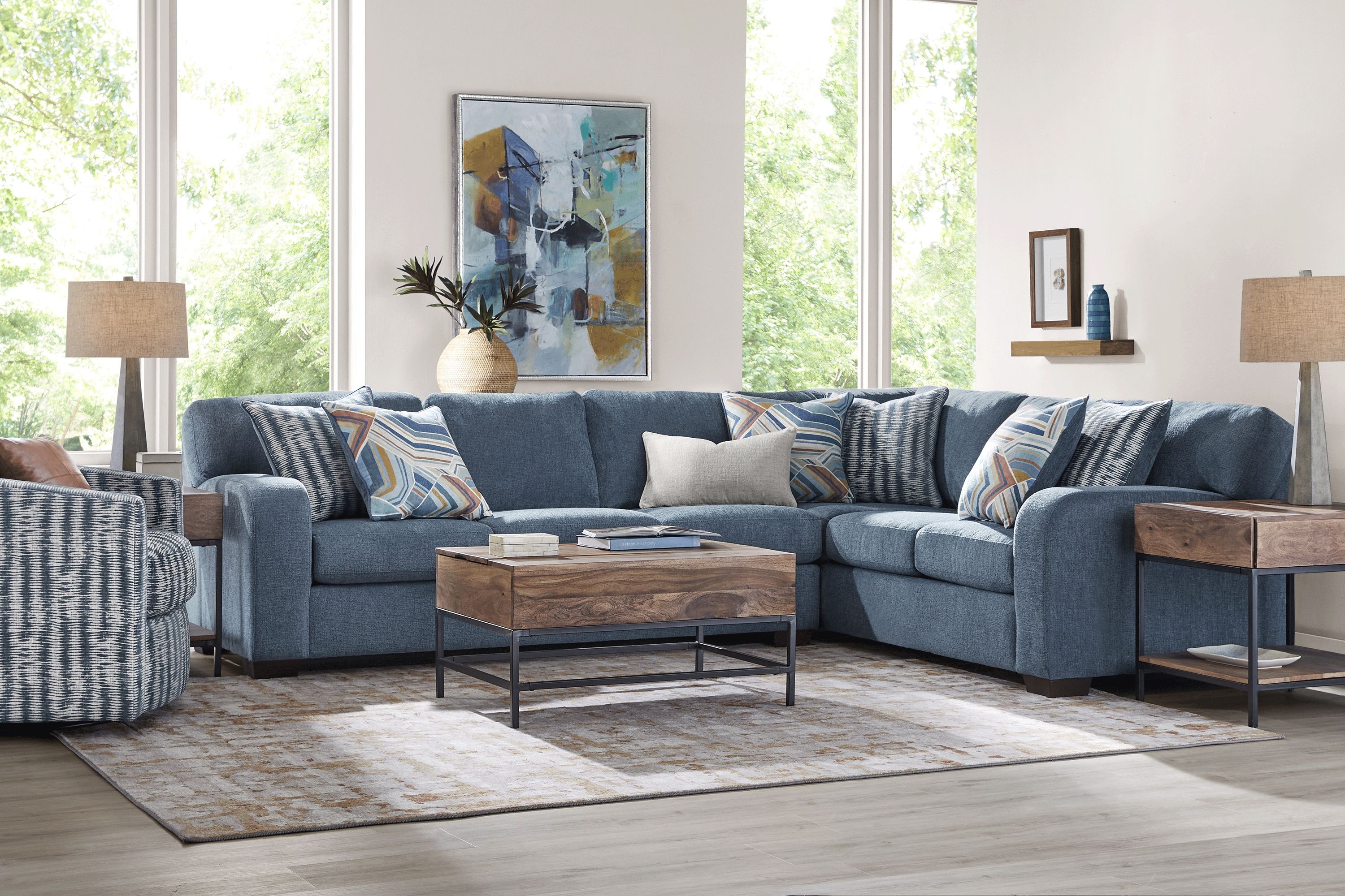 Sienna Way Blue Chenille 5 Pc Sectional Living Room - Thumbnail - Image 1