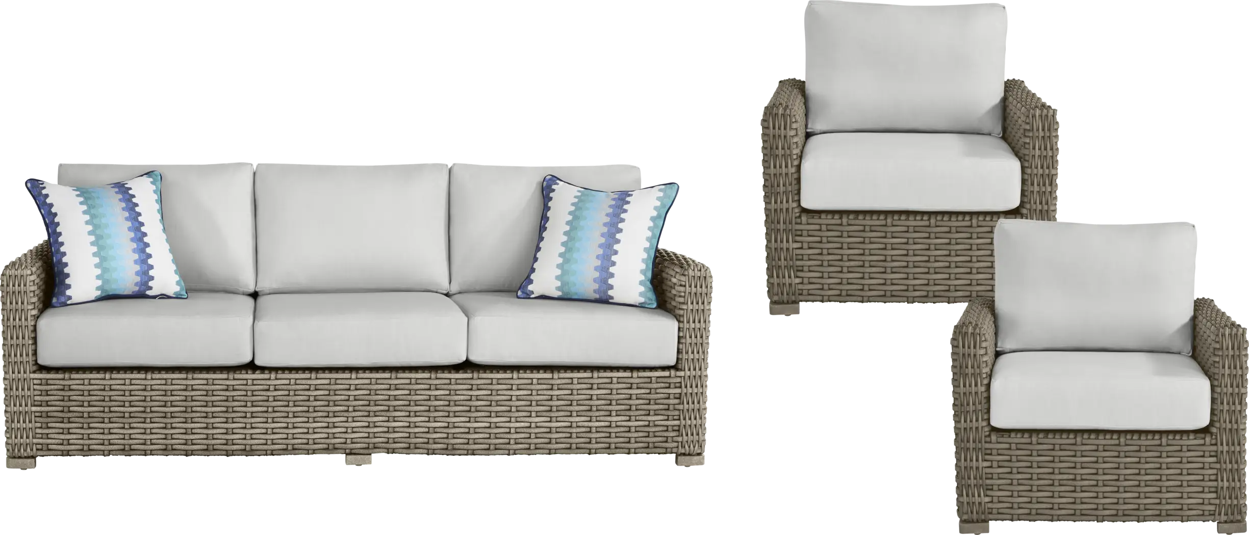 Siesta Key Driftwood Finish 3 Pc Outdoor Seating Set with Dove Cushions - Thumbnail - Image 1