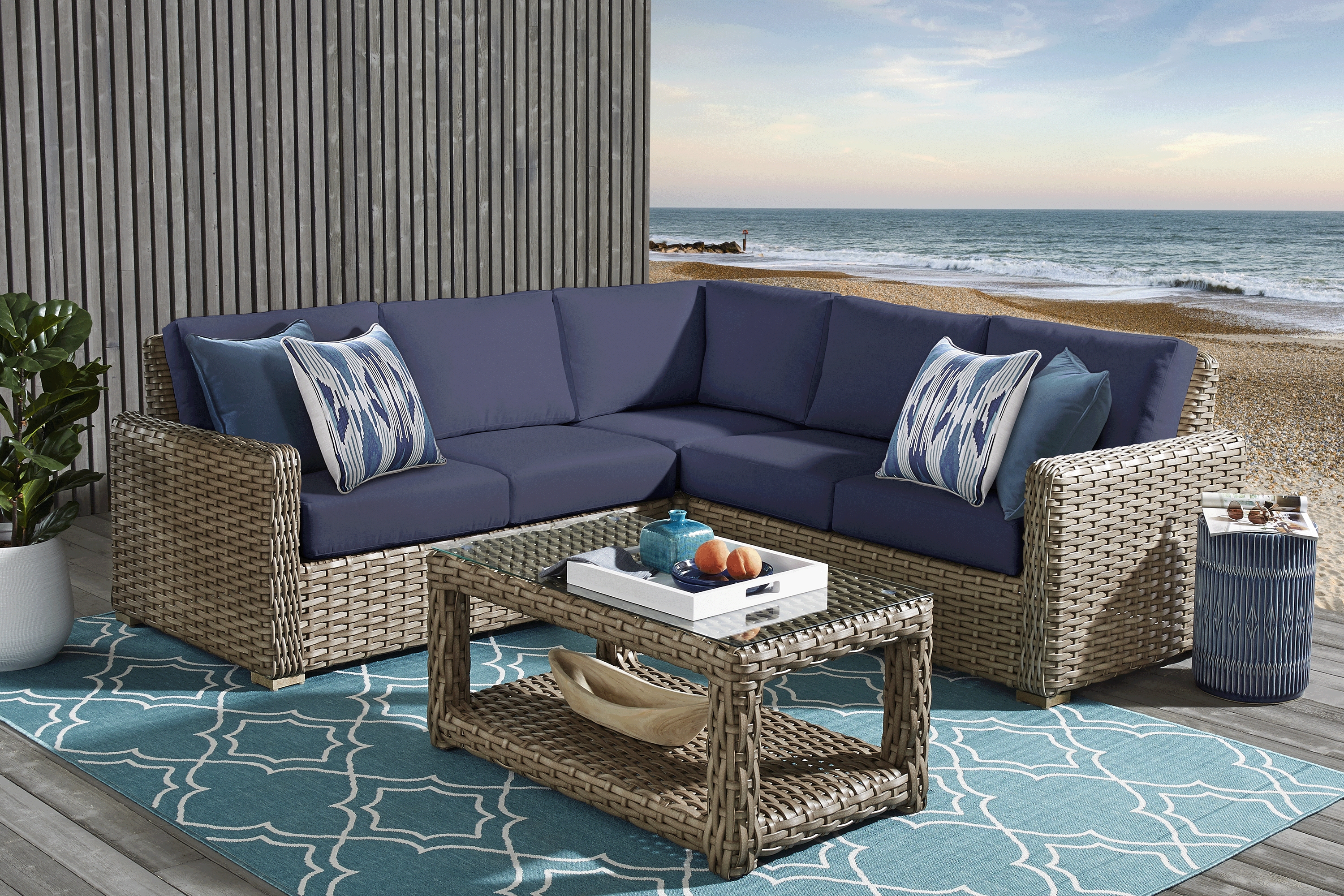 Siesta Key Driftwood 3 Pc Outdoor Sectional with Indigo Cushions - Thumbnail - Image 2