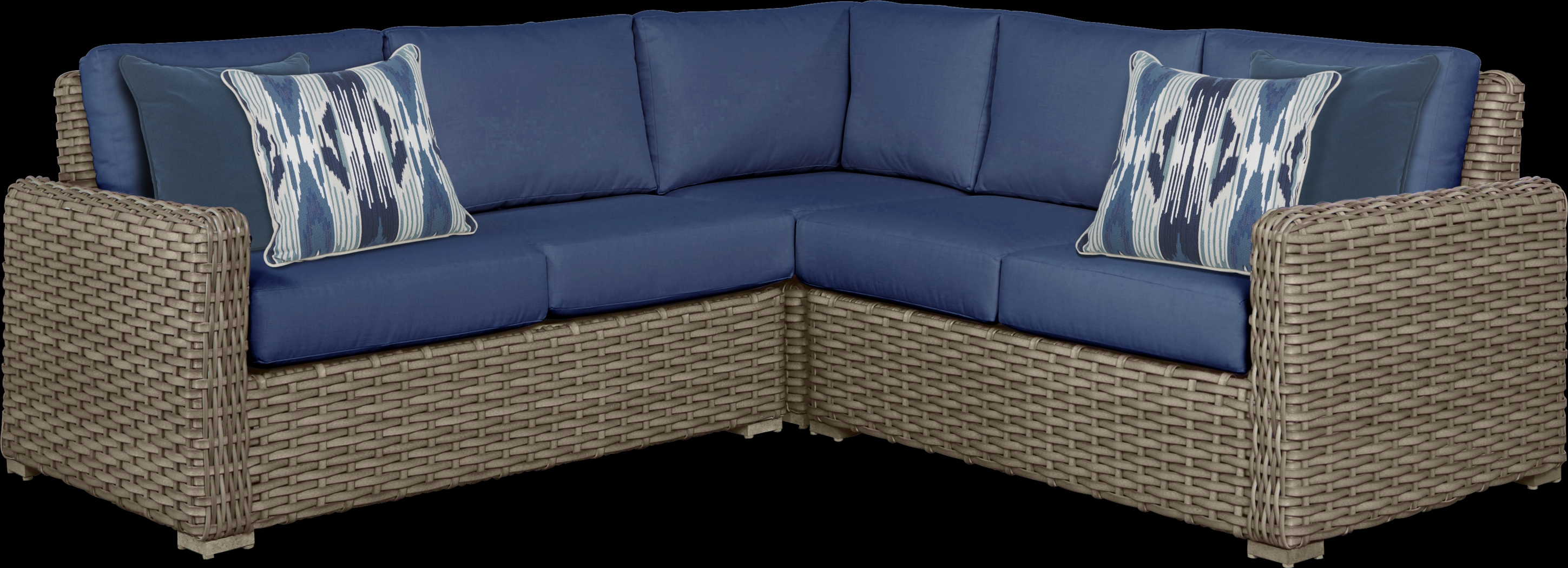 Siesta Key Driftwood 3 Pc Outdoor Sectional with Indigo Cushions - Thumbnail - Image 1