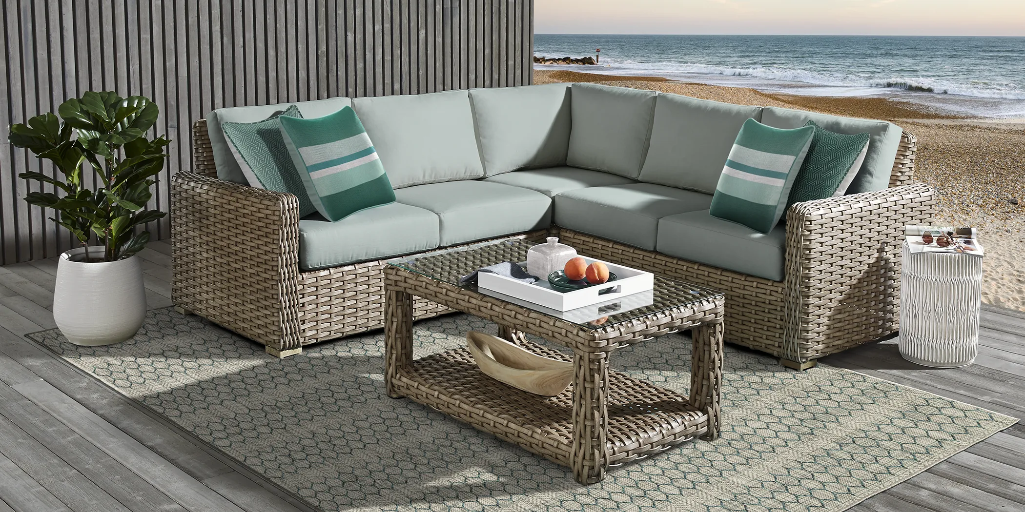 Siesta Key Driftwood 3 Pc Outdoor Sectional with Mist Cushions - Thumbnail - Image 2