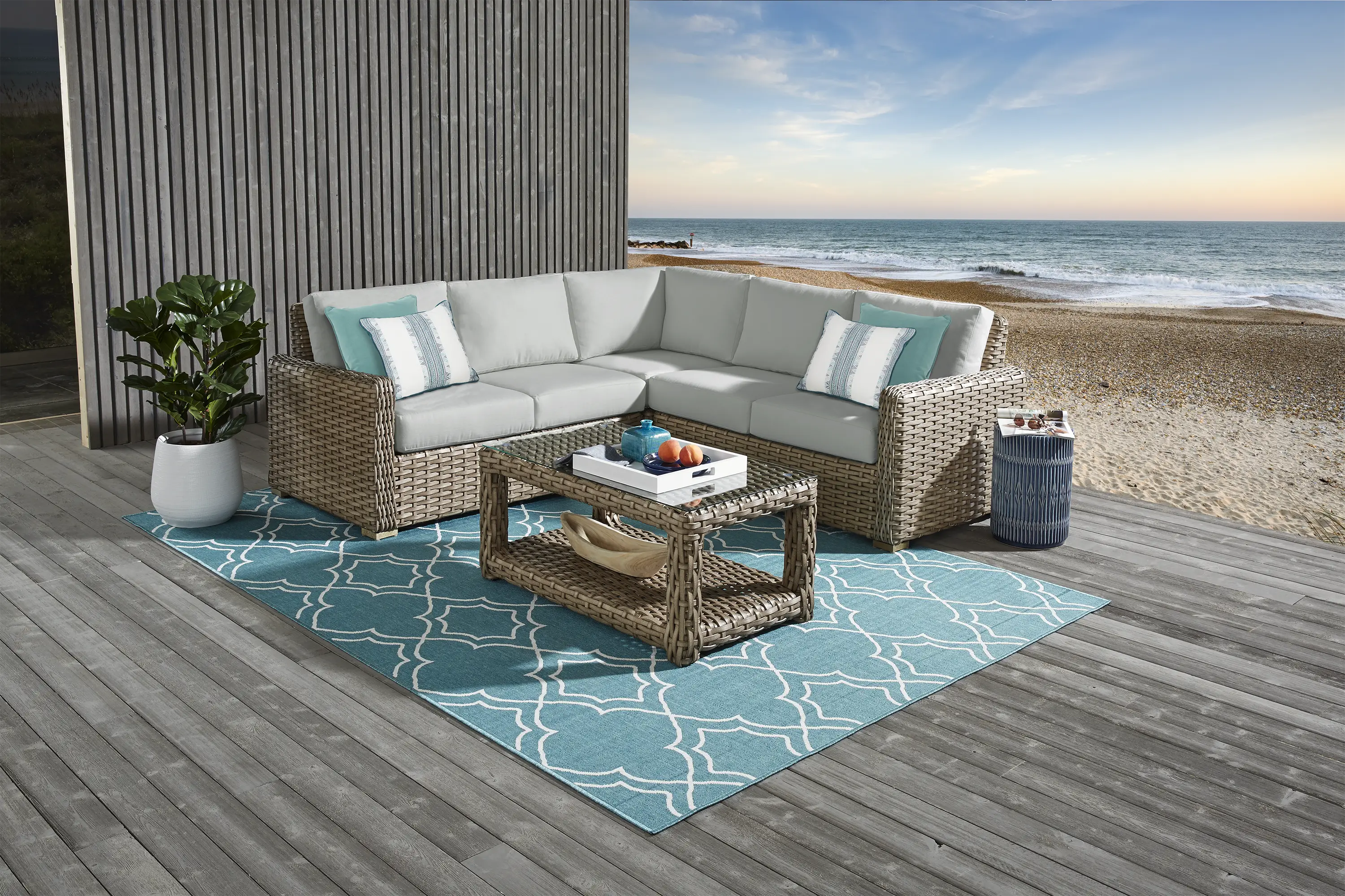 Siesta Key Driftwood 3 Pc Outdoor Sectional with Rollo Seafoam Cushions - Thumbnail - Image 2