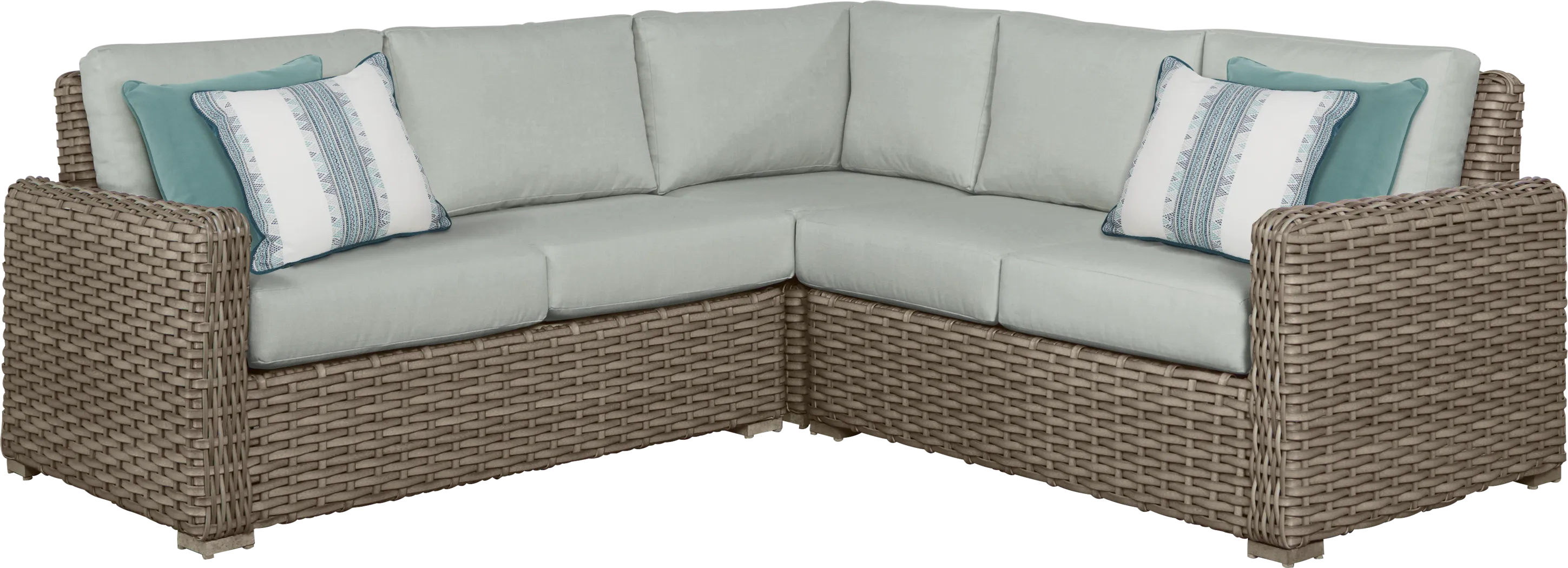 Siesta Key Driftwood 3 Pc Outdoor Sectional with Rollo Seafoam Cushions - Thumbnail - Image 1