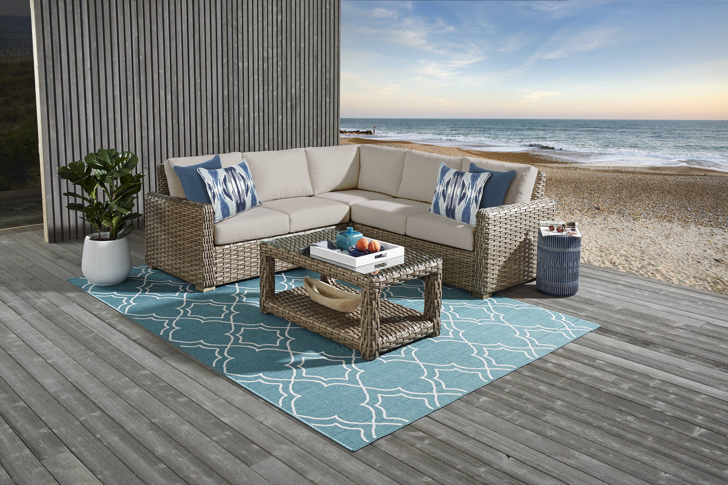 Siesta Key Driftwood 3 Pc Outdoor Sectional with Pebble Cushions - Thumbnail - Image 2