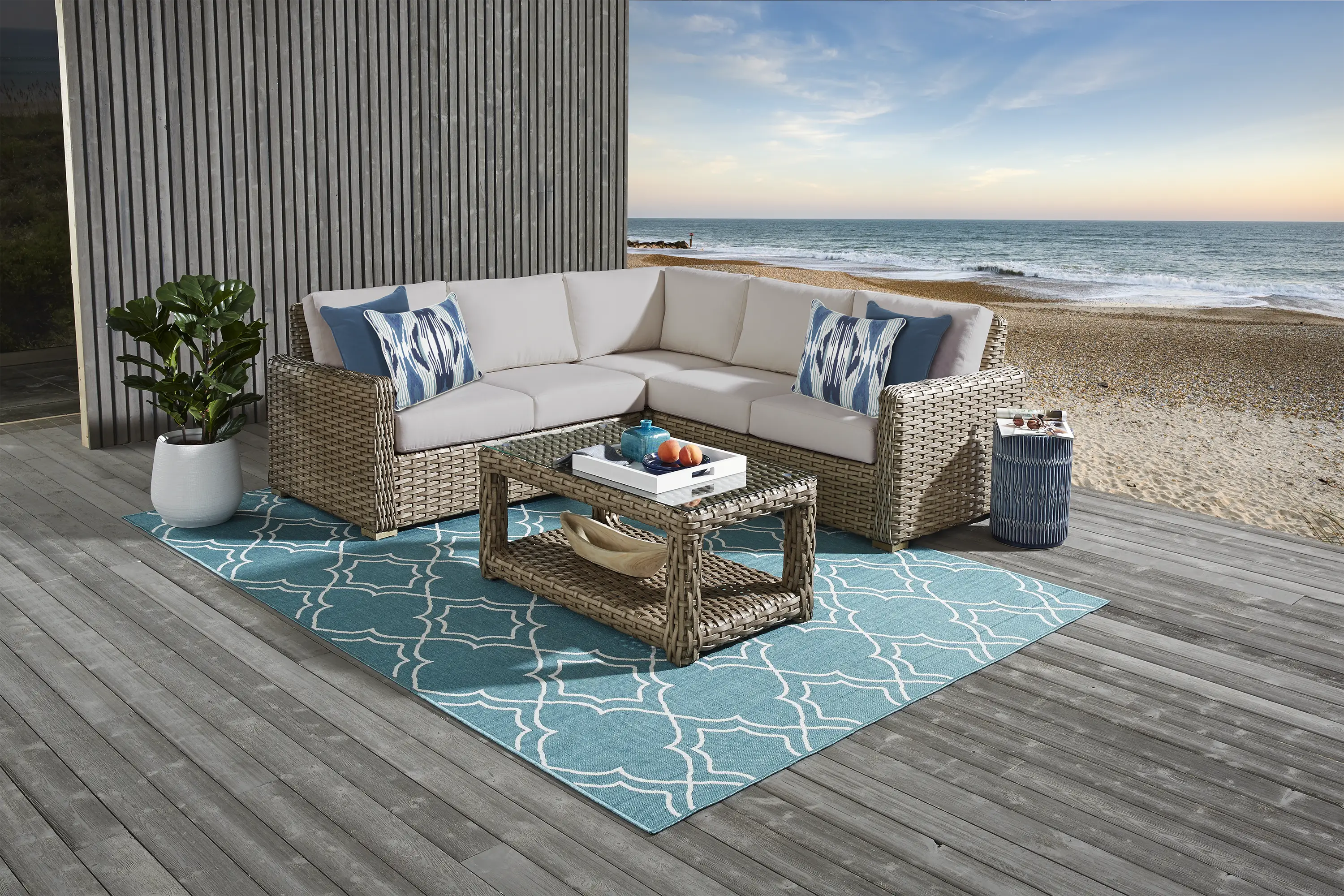 Siesta Key Driftwood 3 Pc Outdoor Sectional with Rollo Linen Cushions - Thumbnail - Image 2