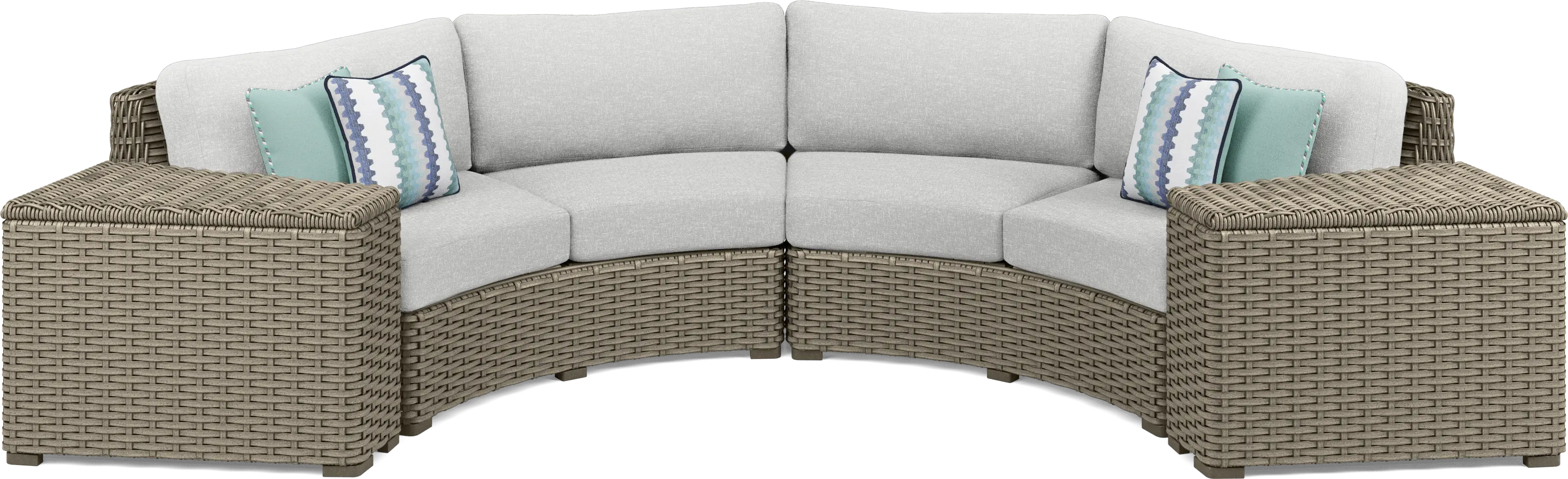 Siesta Key Driftwood Finish 4 Pc Outdoor Curved Sectional with Dove Cushions - Thumbnail - Image 1