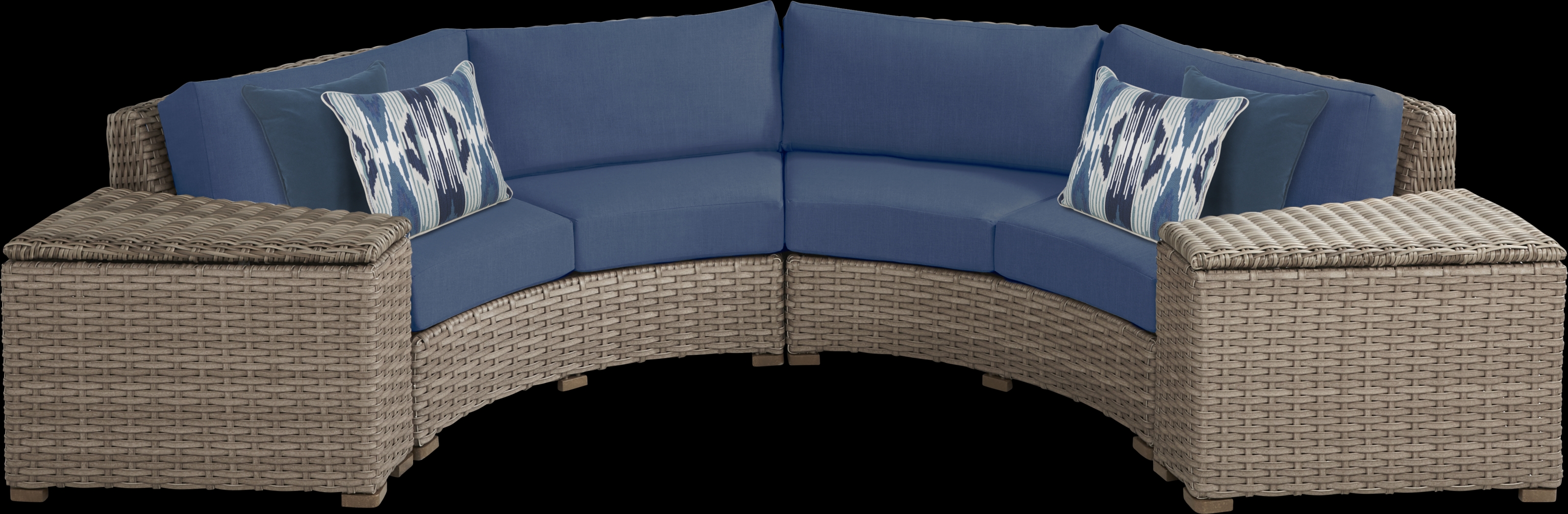 Siesta Key Driftwood 4 Pc Outdoor Curved Sectional with Indigo Cushions - Thumbnail - Image 1