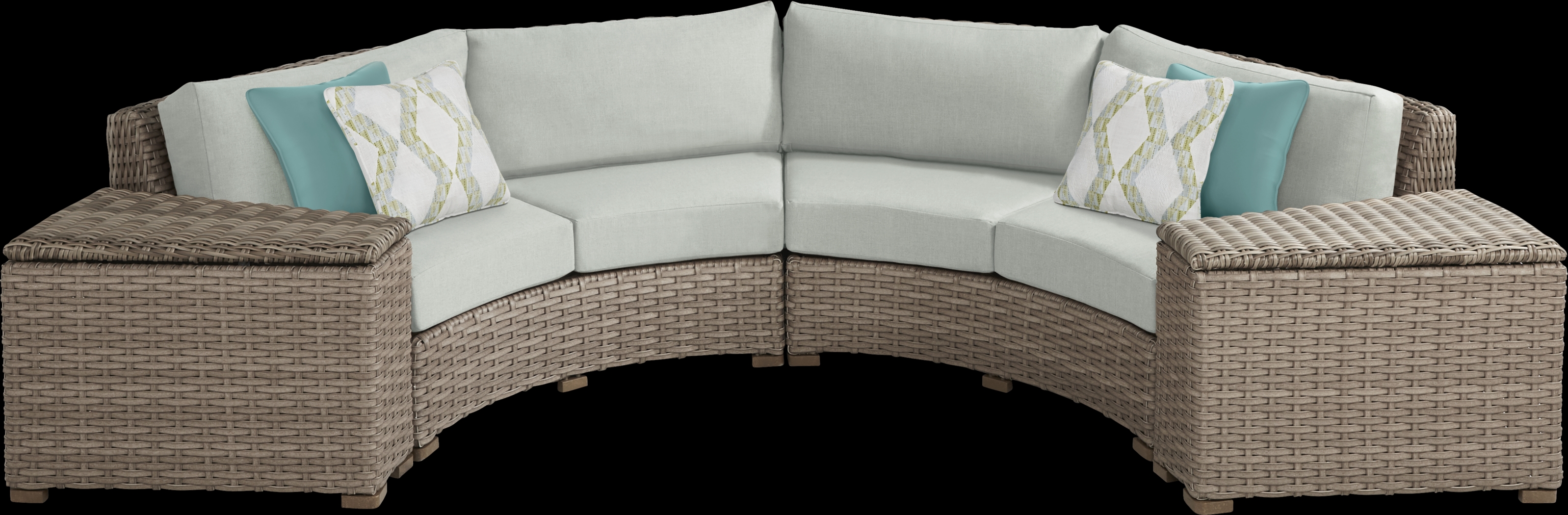 Siesta Key Driftwood 4 Pc Outdoor Curved Sectional with Rollo Seafoam Cushions - Thumbnail - Image 1