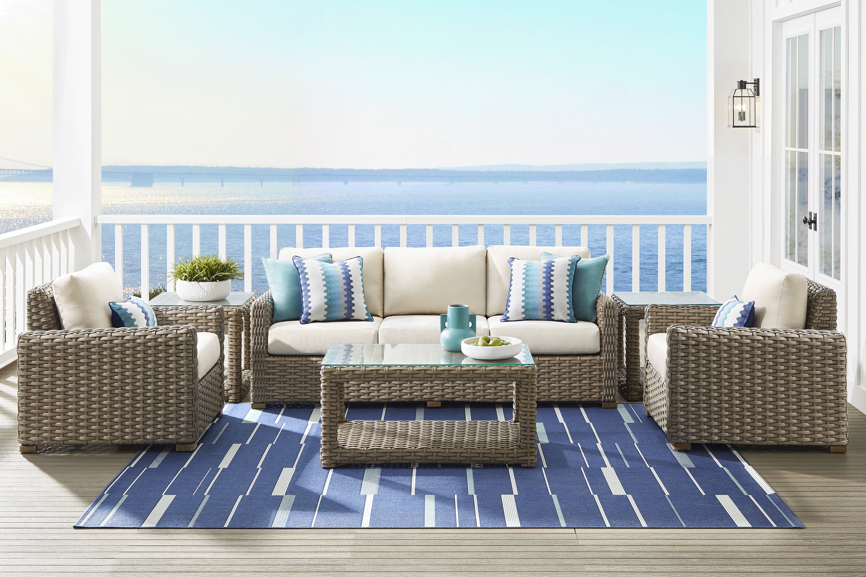 Siesta Key Driftwood 4 Pc Outdoor Seating Set with Linen Cushions - Thumbnail - Image 1