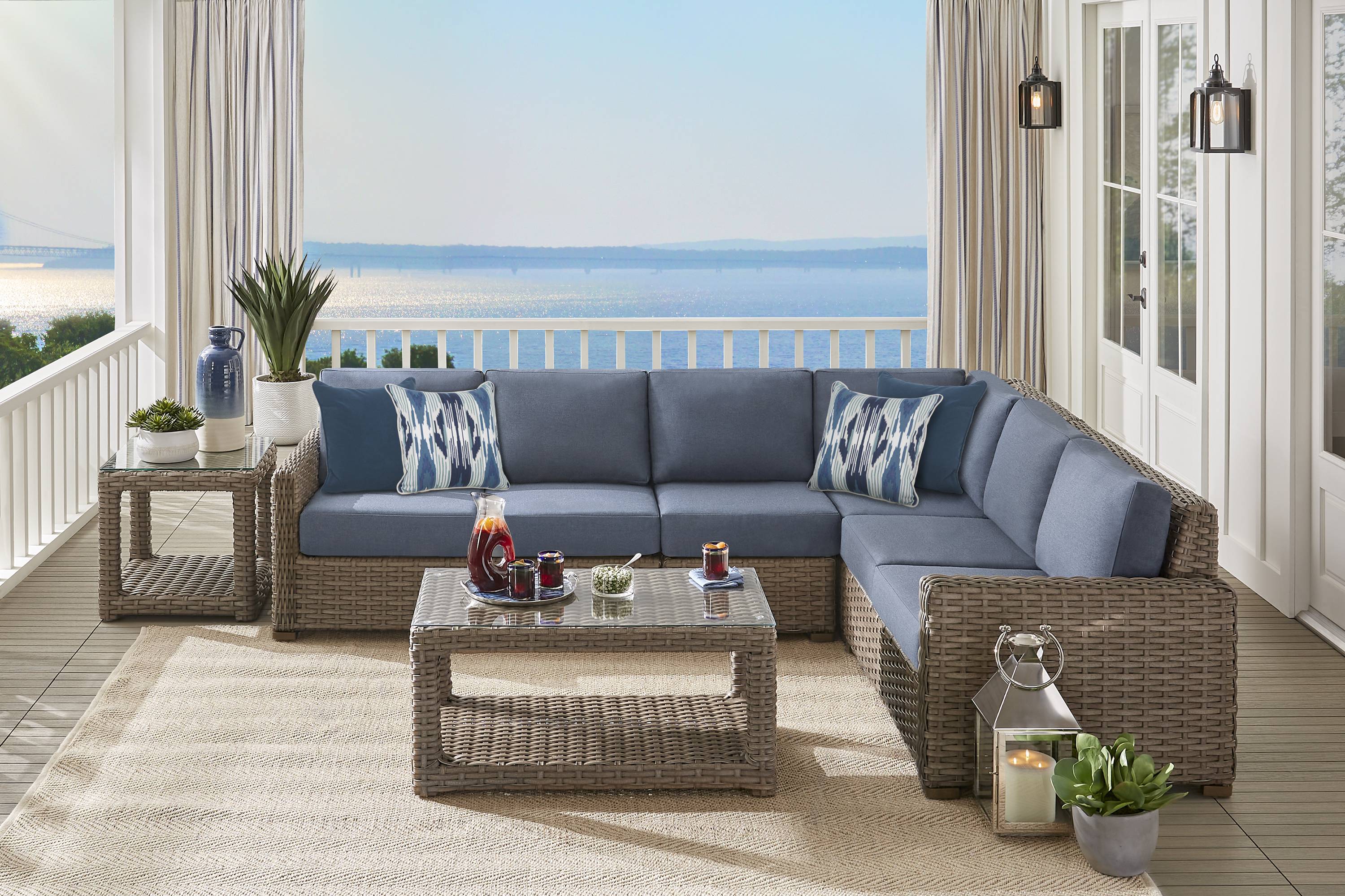 Siesta Key Driftwood 4 Pc Outdoor Sectional with Indigo Cushions - Thumbnail - Image 2