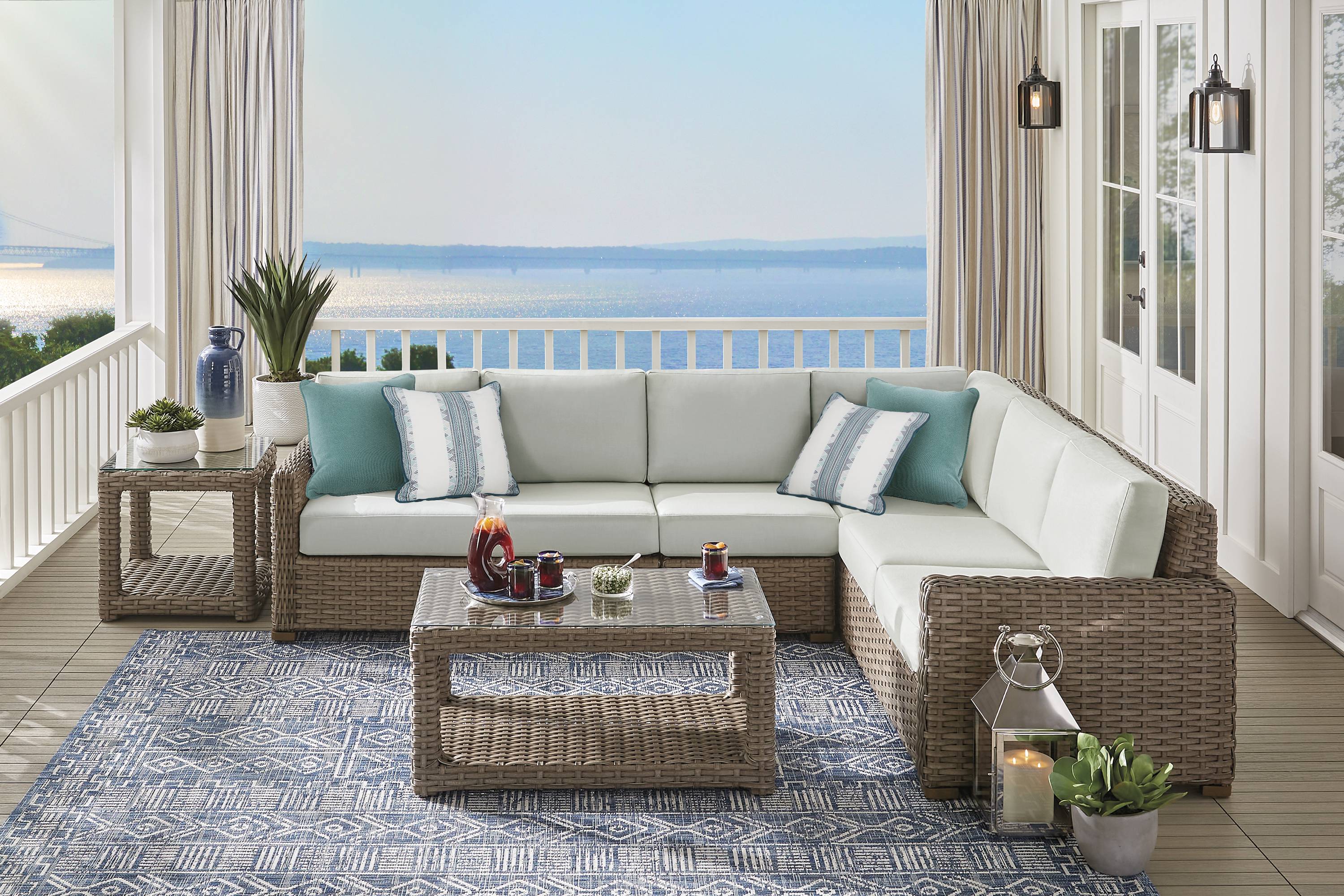 Siesta Key Driftwood 4 Pc Outdoor Sectional with Rollo Seafoam Cushions - Thumbnail - Image 2