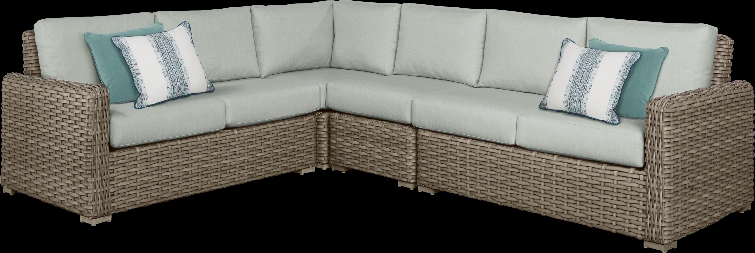 Siesta Key Driftwood 4 Pc Outdoor Sectional with Rollo Seafoam Cushions - Thumbnail - Image 1