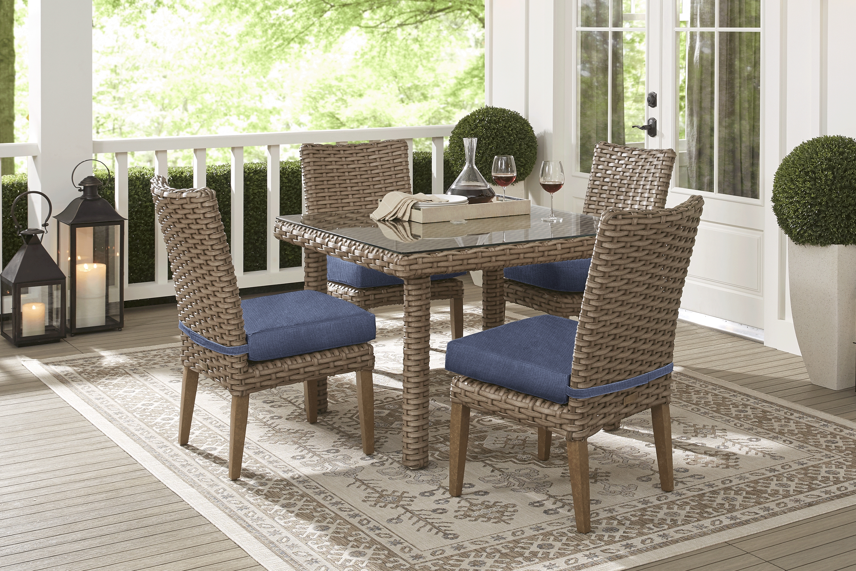 Siesta Key Driftwood 5 Pc 42 in. Square Outdoor Dining Set with Indigo Cushions - Thumbnail - Image 1