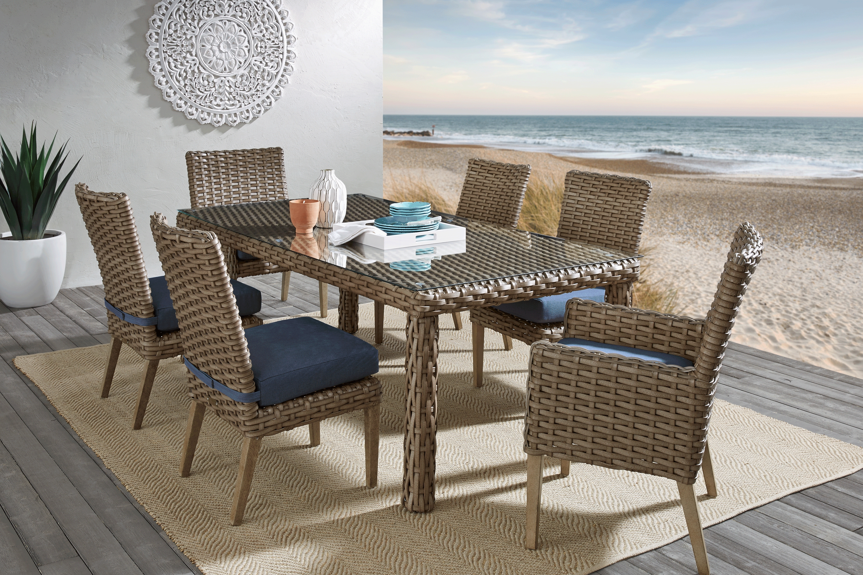 Siesta Key Driftwood 5 Pc 72 in. Rectangle Outdoor Dining Set with Indigo Cushions - Thumbnail - Image 1