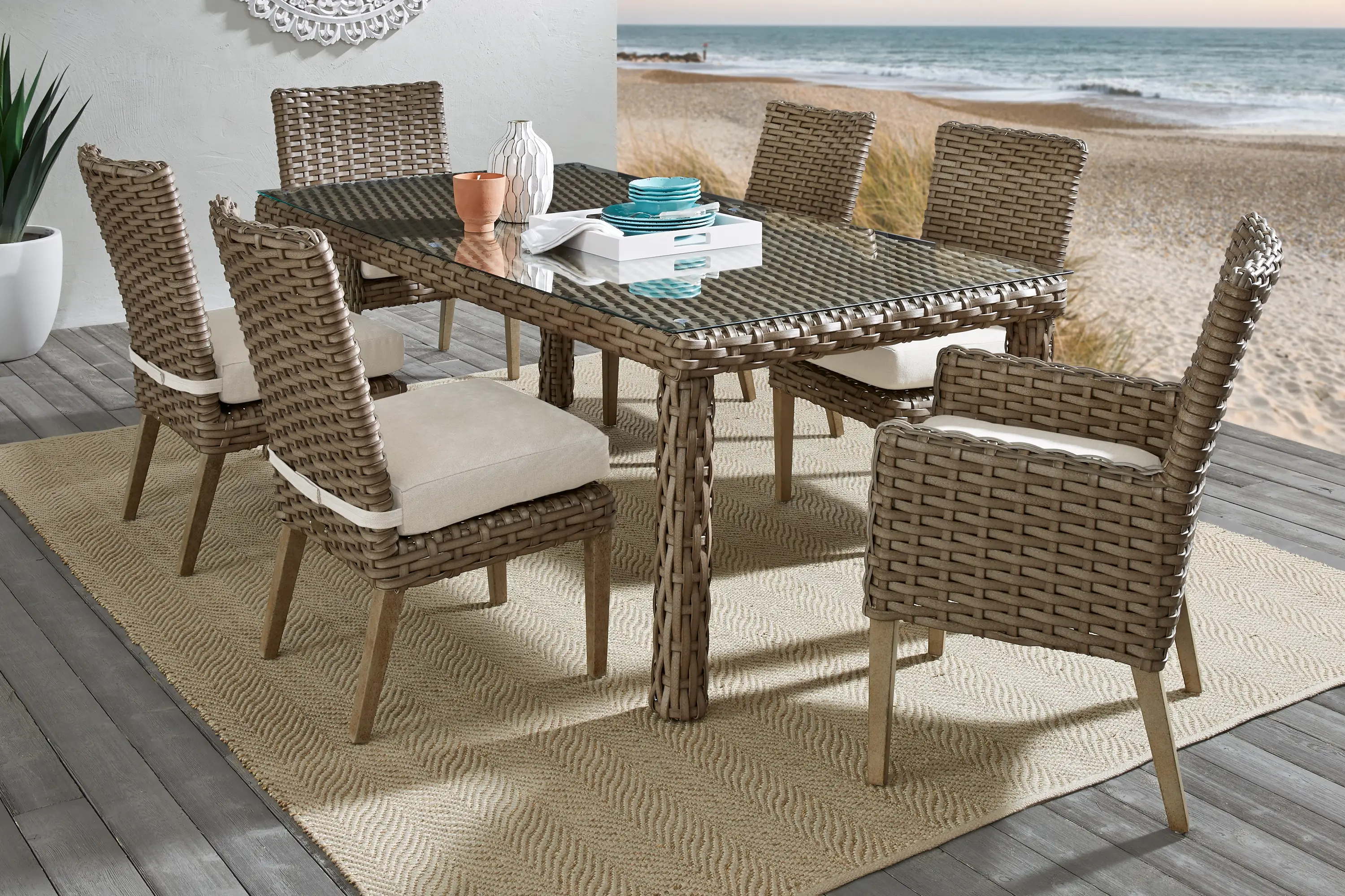 Siesta Key Driftwood 5 Pc 72 in. Rectangle Outdoor Dining Set with Linen Cushions - Thumbnail - Image 1