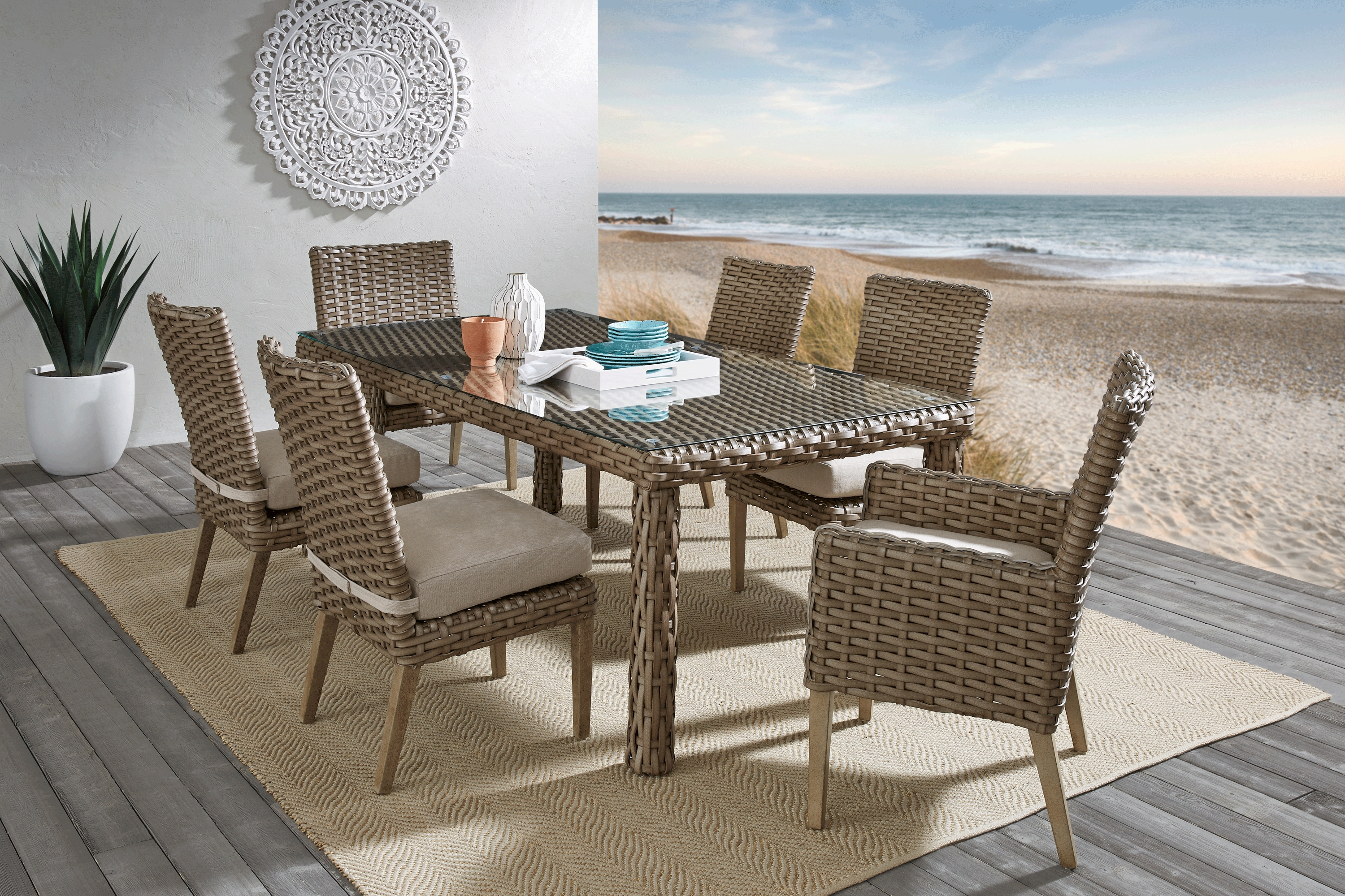 Siesta Key Driftwood 5 Pc 72 in. Rectangle Outdoor Dining Set with Seafoam Cushions - Thumbnail - Image 1