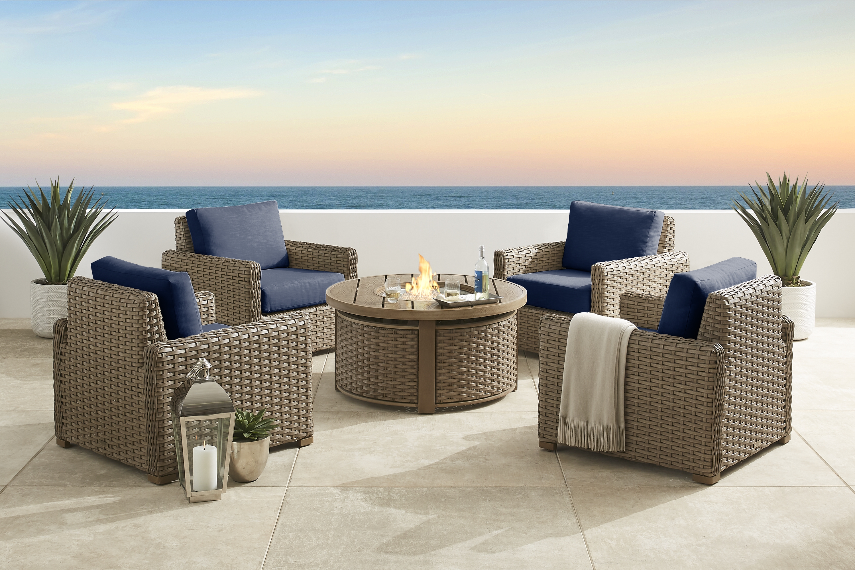 Siesta Key Driftwood 5 Pc Outdoor Fire Pit Seating Set with Ink Cushions - Thumbnail - Image 1