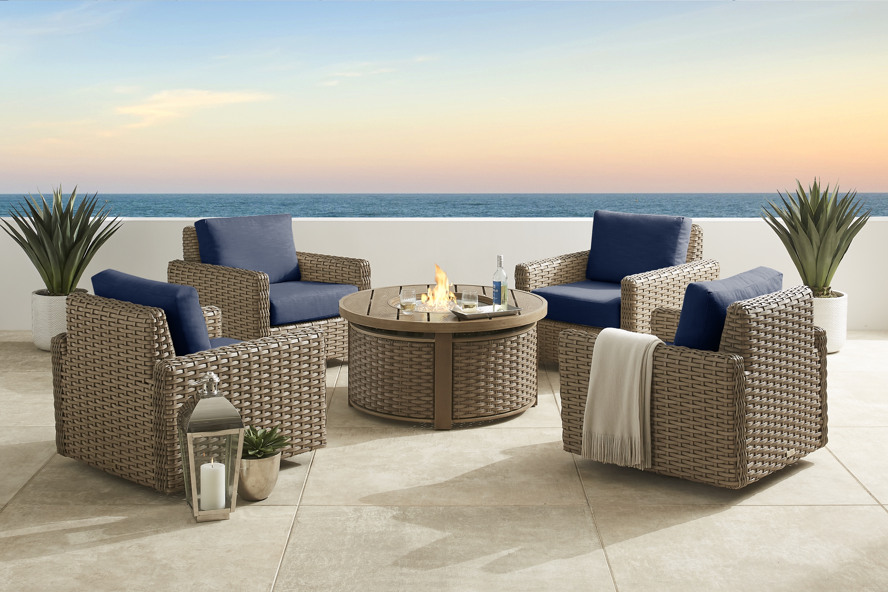 Siesta Key Driftwood 5 Pc Outdoor Fire Pit Seating Set with Ink Cushions - Thumbnail - Image 1