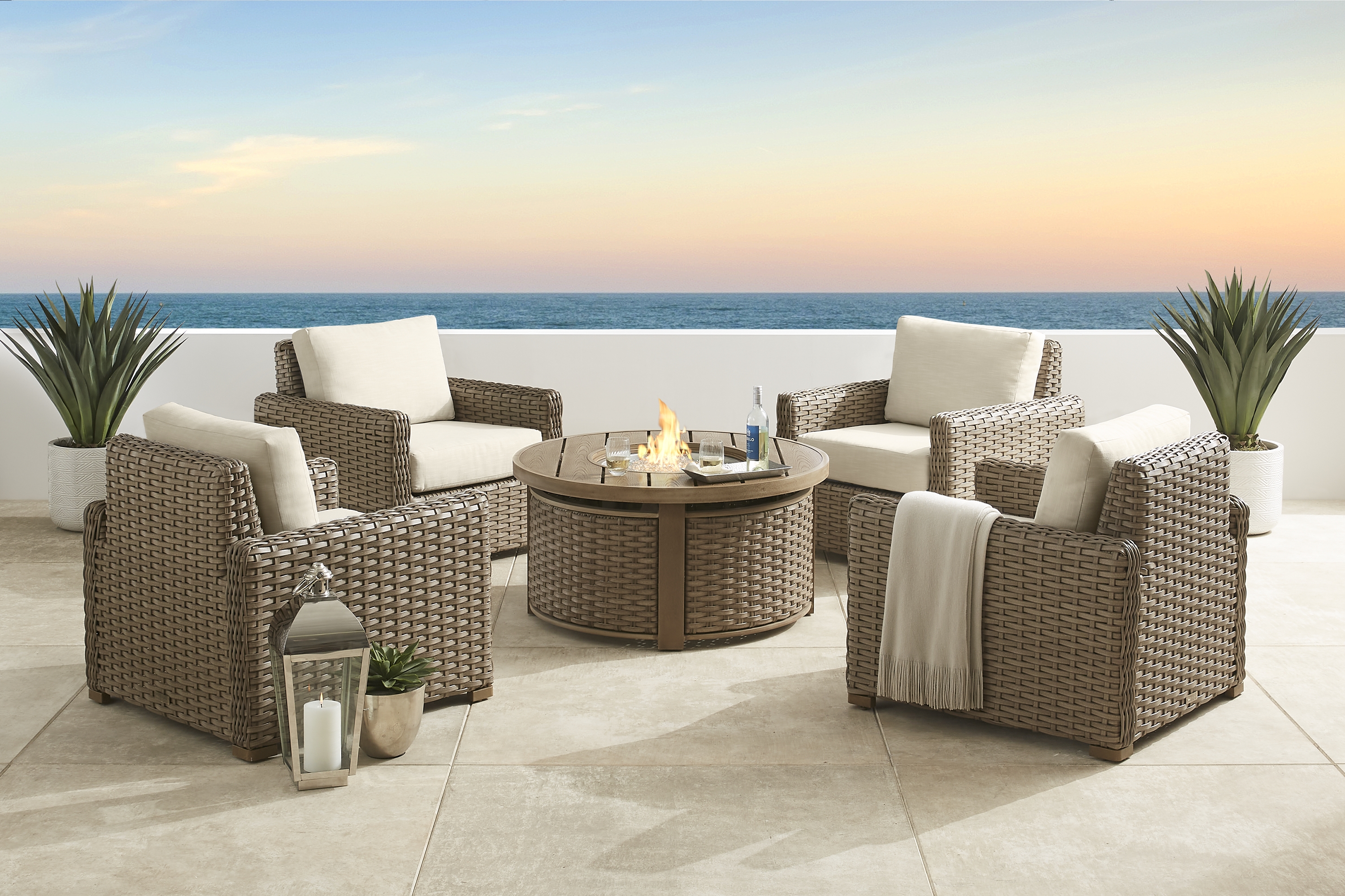 Siesta Key Driftwood 5 Pc Outdoor Fire Pit Seating Set with Linen Cushions - Thumbnail - Image 1