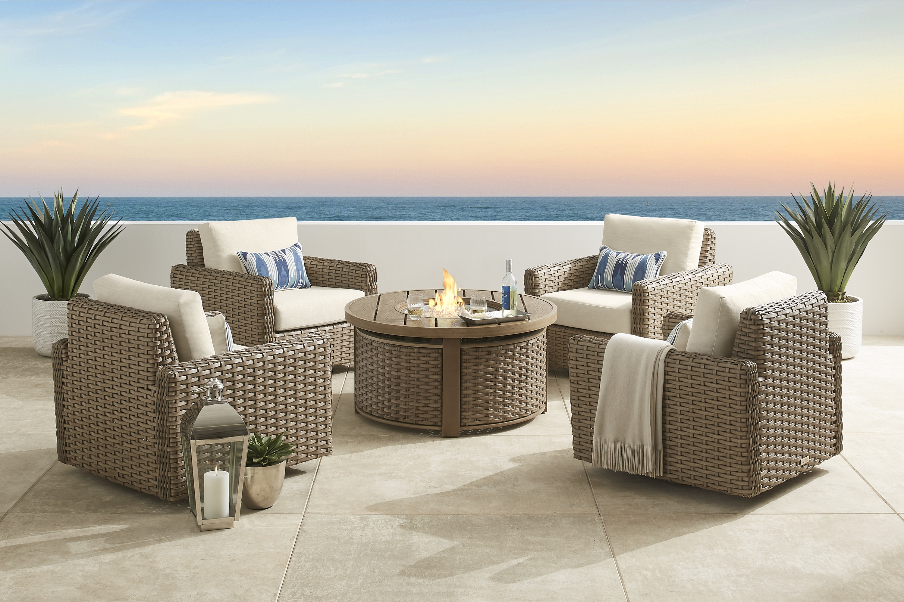 Siesta Key Driftwood 5 Pc Outdoor Fire Pit Seating Set with Linen Cushions - Thumbnail - Image 1