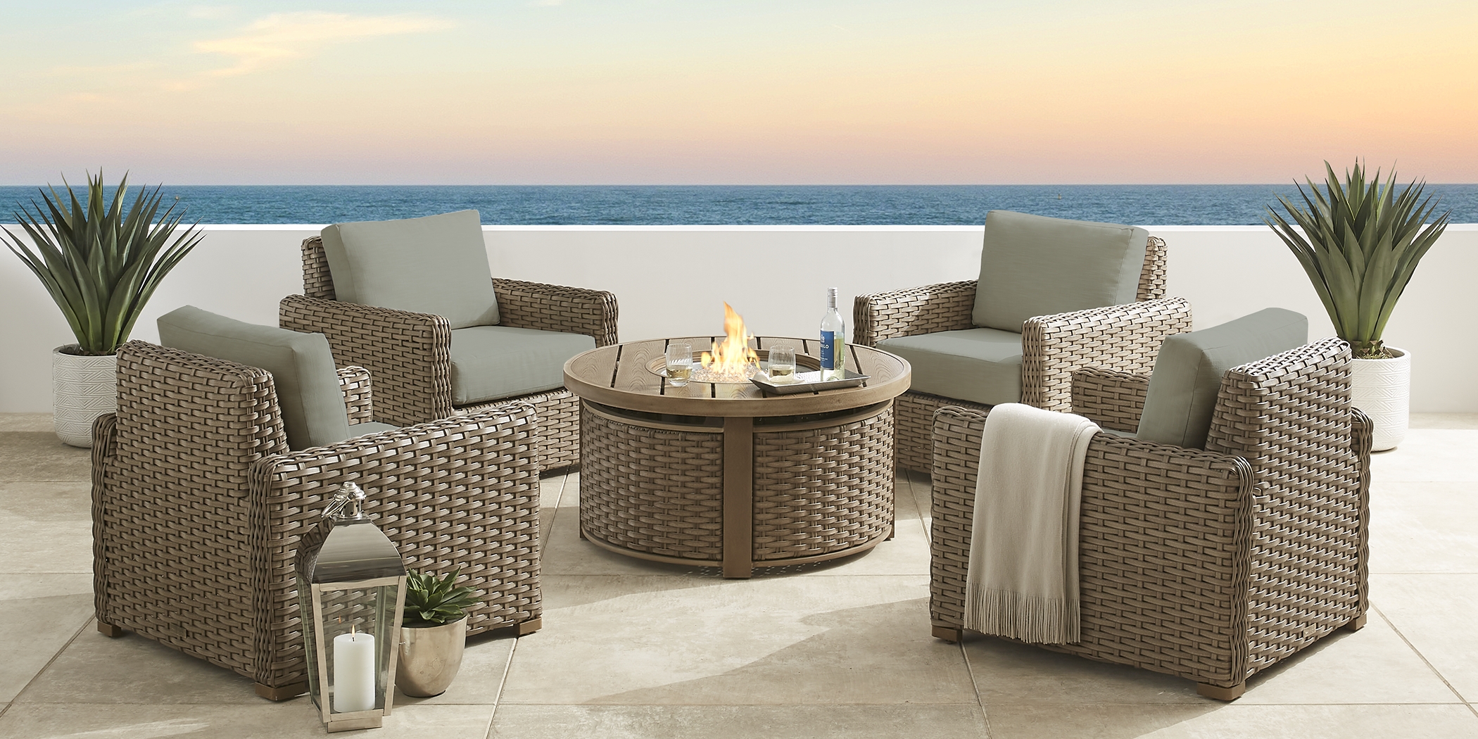 Siesta Key Driftwood 5 Pc Outdoor Fire Pit Seating Set with Seafoam Cushions - Thumbnail - Image 1