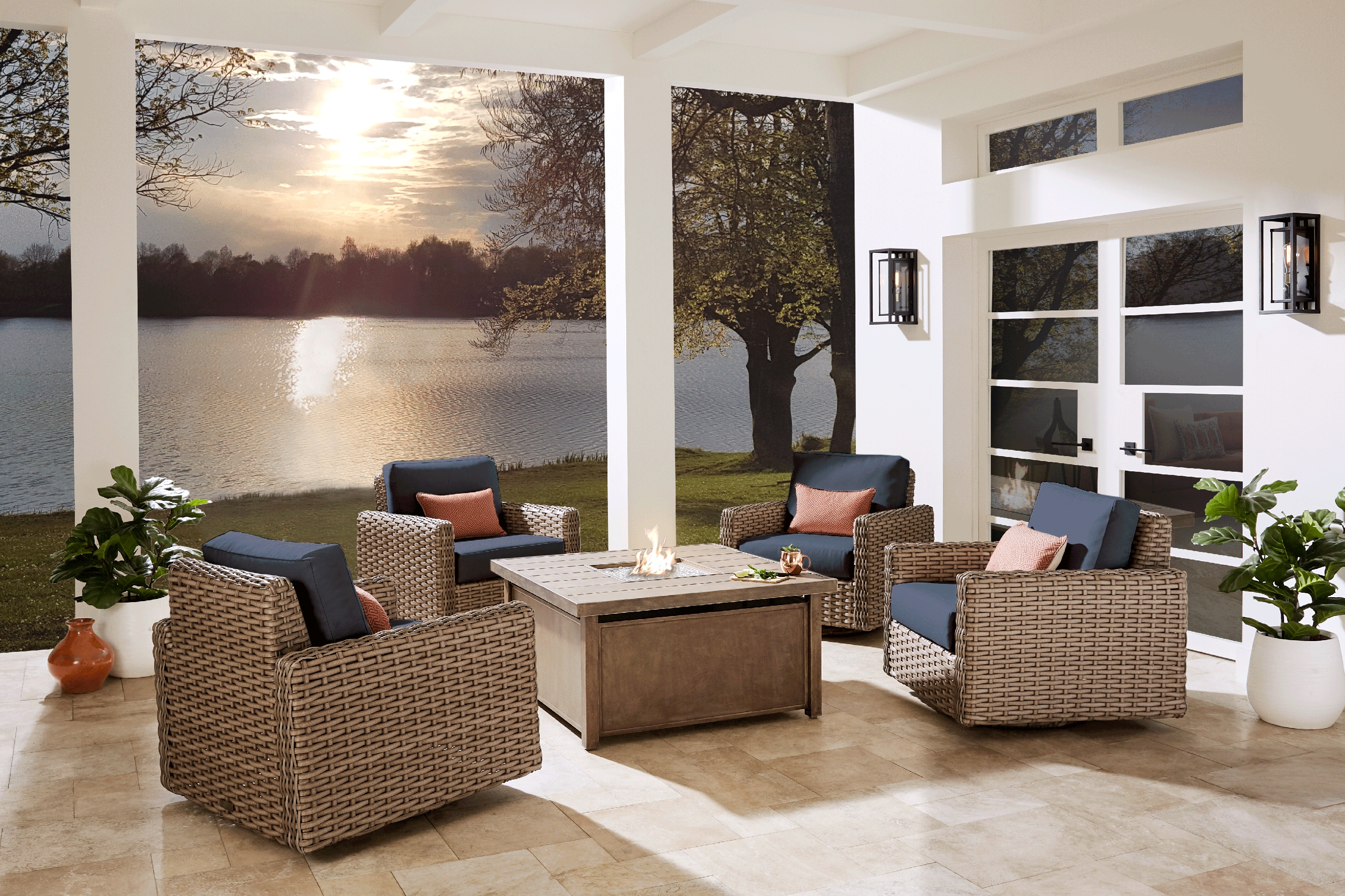 Siesta Key Driftwood 5 Pc Fire Pit Set with Indigo Cushions - Thumbnail - Image 1