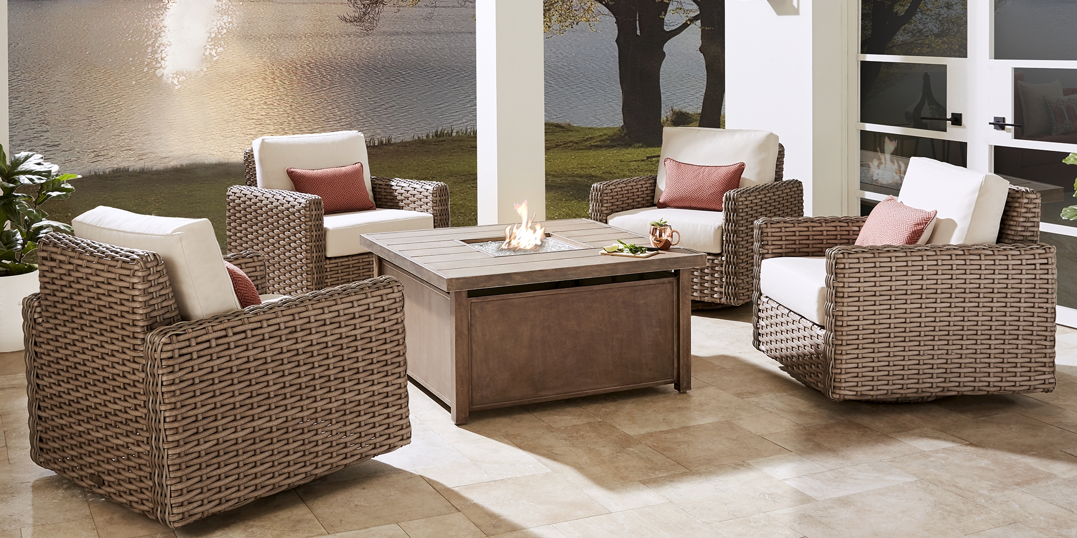 Siesta Key Driftwood 5 Pc Fire Pit Set with Linen Cushions - Thumbnail - Image 1