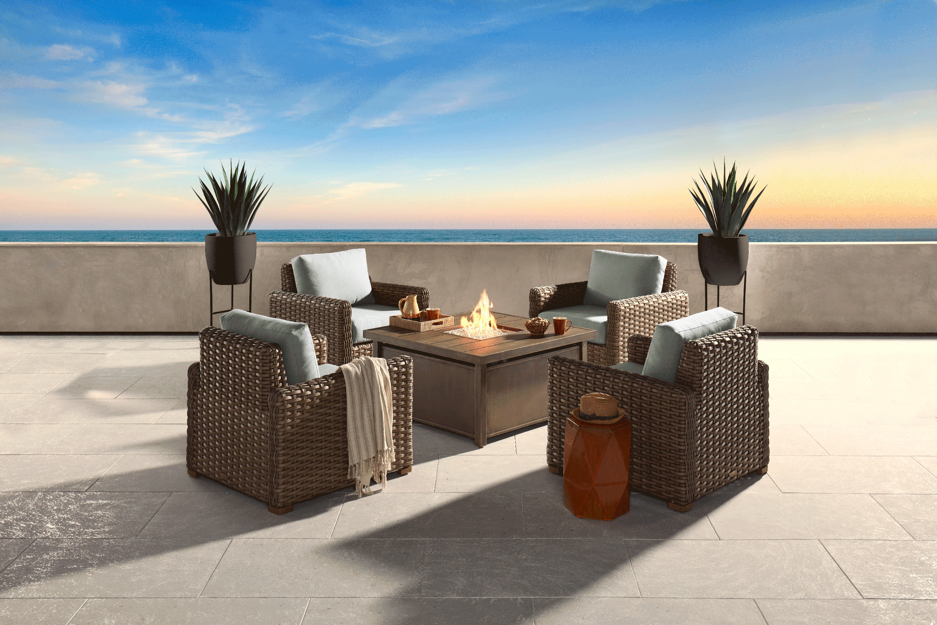 Siesta Key Driftwood 5 Pc Fire Pit Set with Mist Cushions - Thumbnail - Image 1