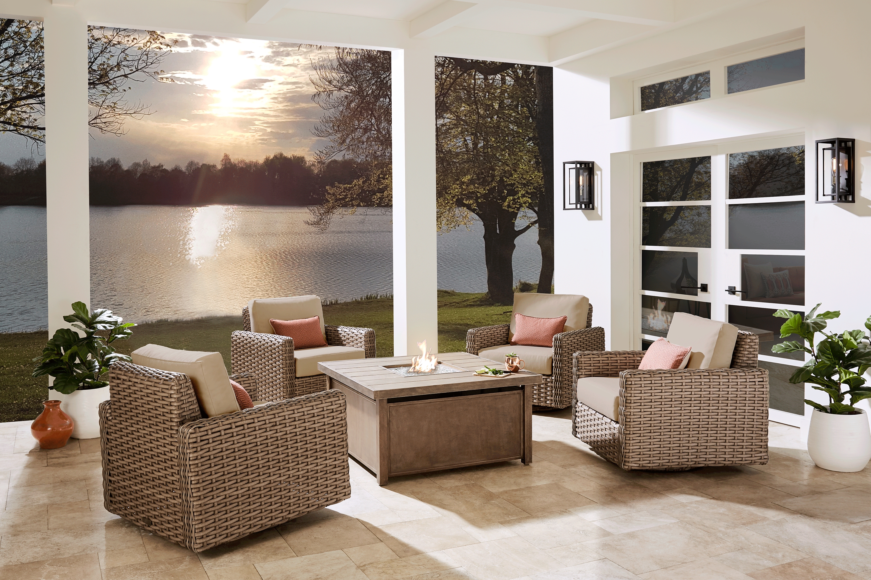 Siesta Key Driftwood 5 Pc Fire Pit Set with Sand Cushions - Thumbnail - Image 1