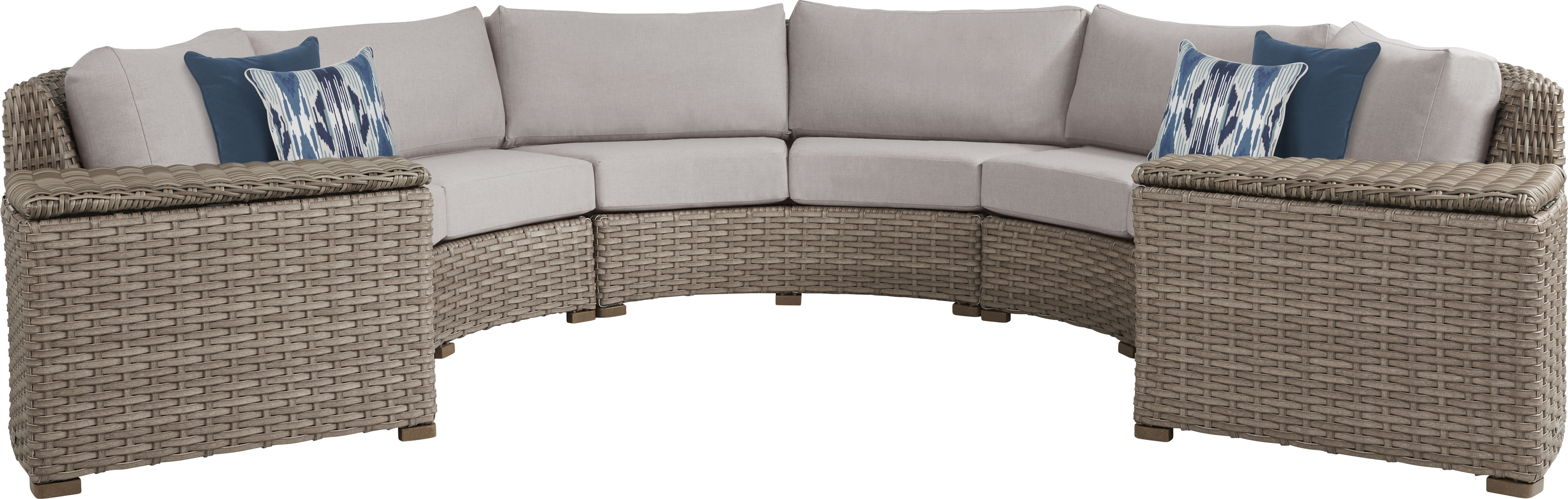 Siesta Key Driftwood 5 Pc Outdoor Curved Sectional with Rollo Linen Cushions - Thumbnail - Image 1