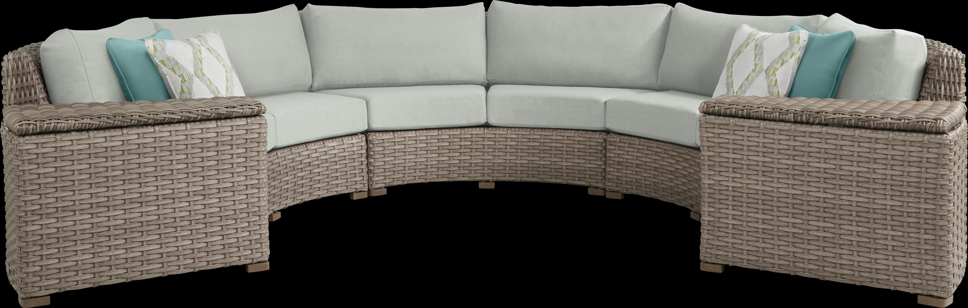 Siesta Key Driftwood 5 Pc Outdoor Curved Sectional with Rollo Seafoam Cushions - Thumbnail - Image 1