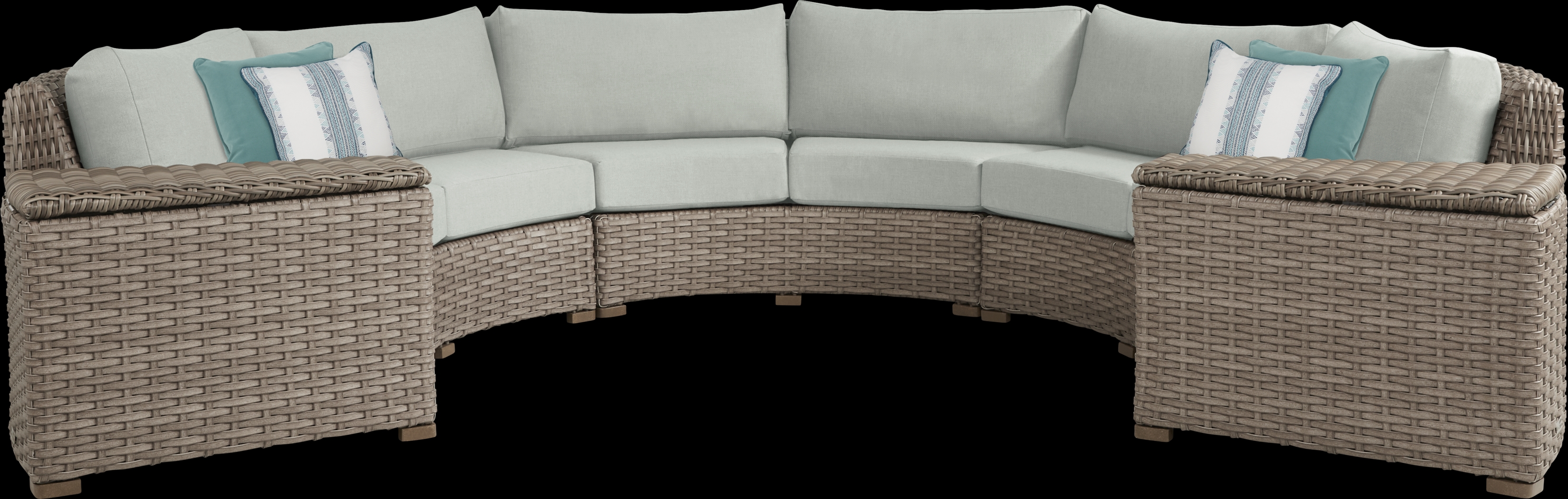 Siesta Key Driftwood 5 Pc Outdoor Curved Sectional with Rollo Seafoam Cushions - Thumbnail - Image 1