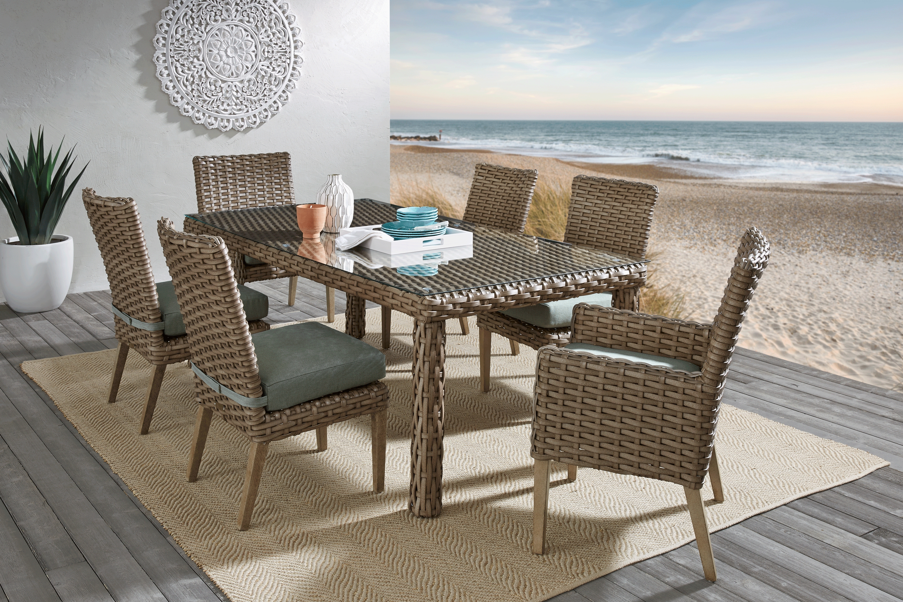 Siesta Key Driftwood 7 Pc 72 in. Rectangle Outdoor Dining Set with Seafoam Cushions - Thumbnail - Image 1