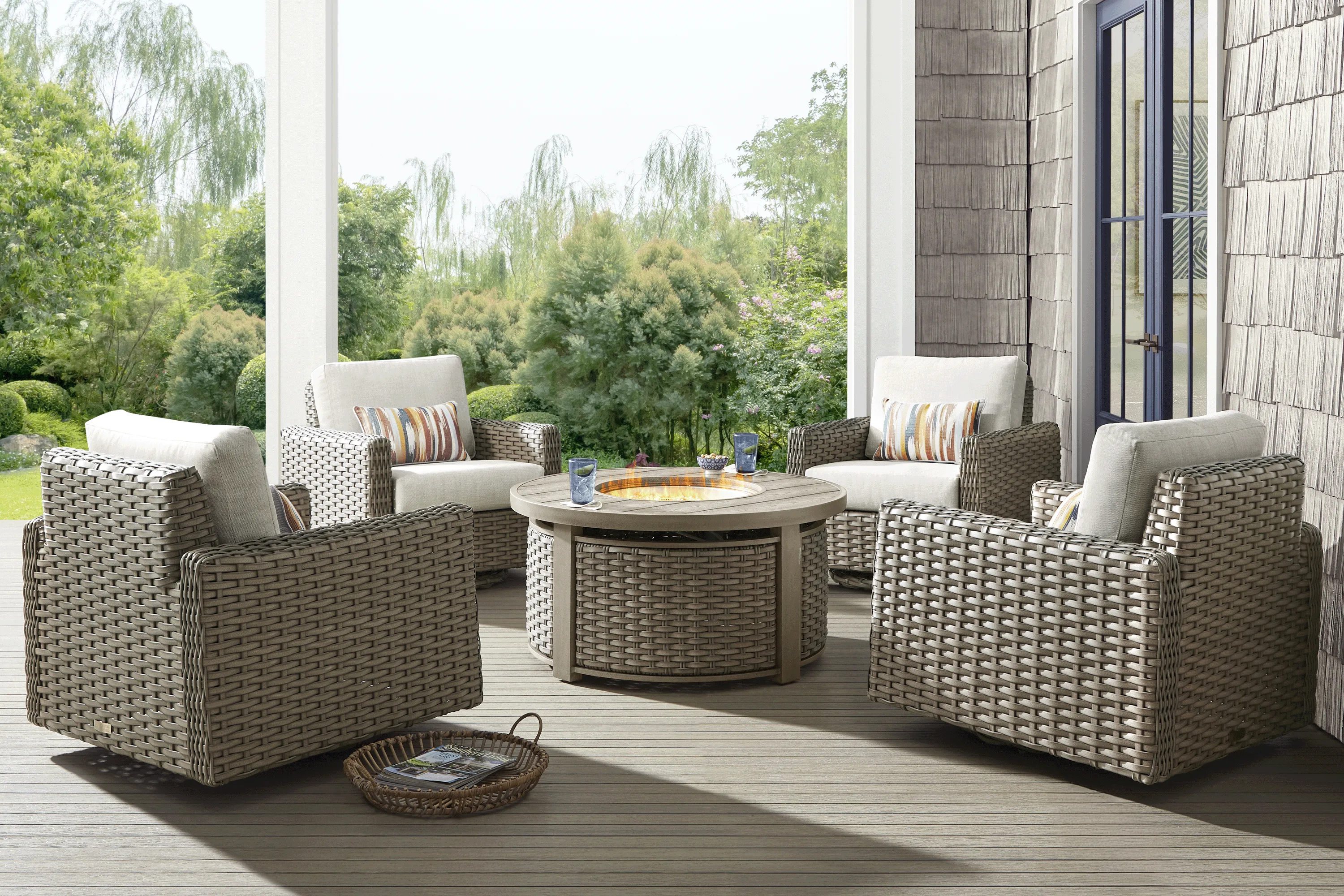 Siesta Key Driftwood Finish 5 Pc Outdoor Fire Pit Swivel Chat Set with Desert Cushions - Thumbnail - Image 1