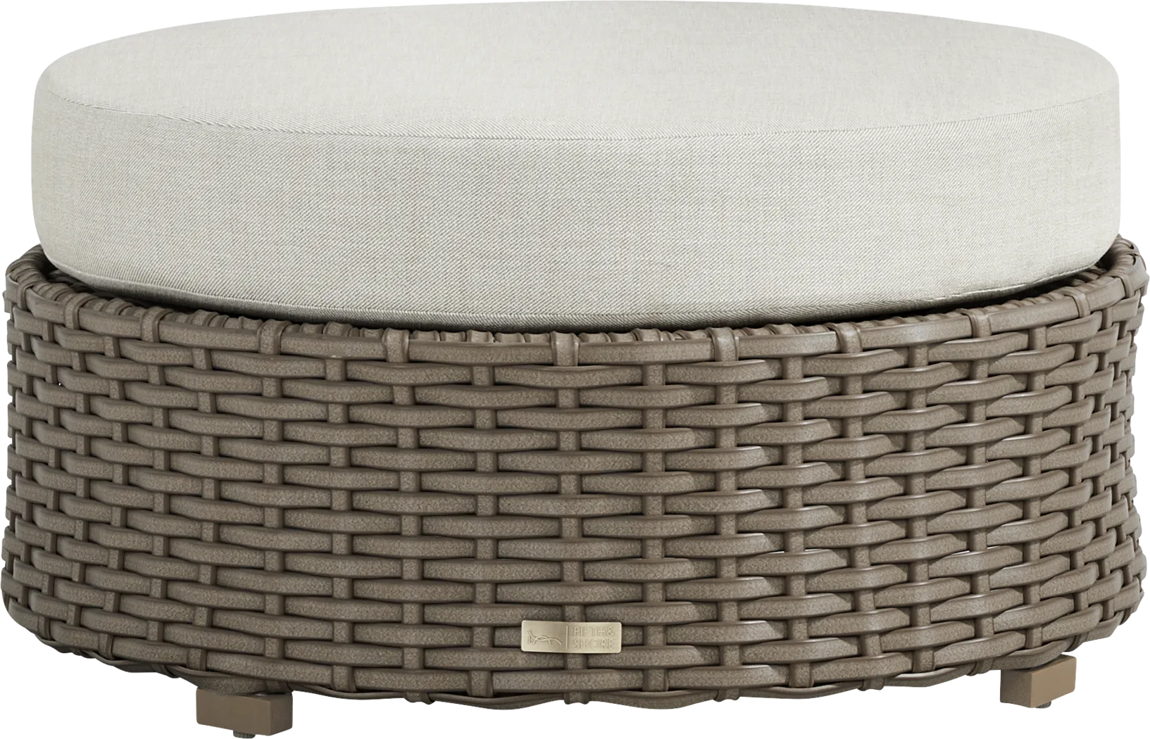 Siesta Key Driftwood Finish Round Outdoor Ottoman with Desert Cushion - Thumbnail - Image 1