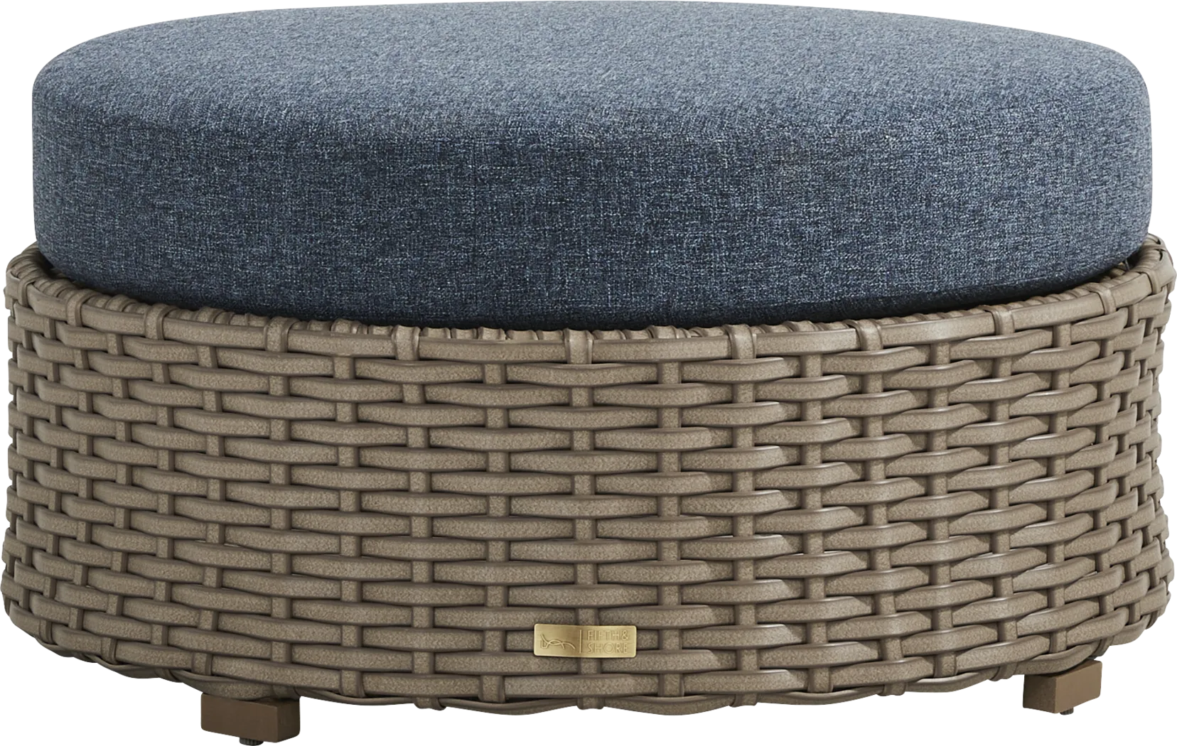 Siesta Key Driftwood Finish Round Outdoor Ottoman with Ink Cushion - Thumbnail - Image 1