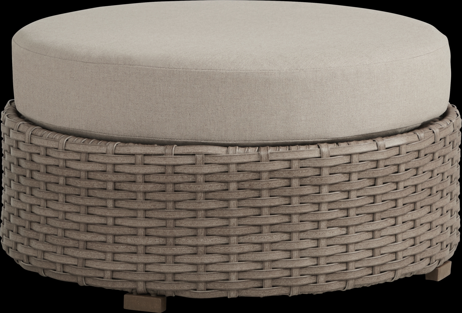 Siesta Key Driftwood Round Outdoor Ottoman with Sand Cushions - Thumbnail - Image 1