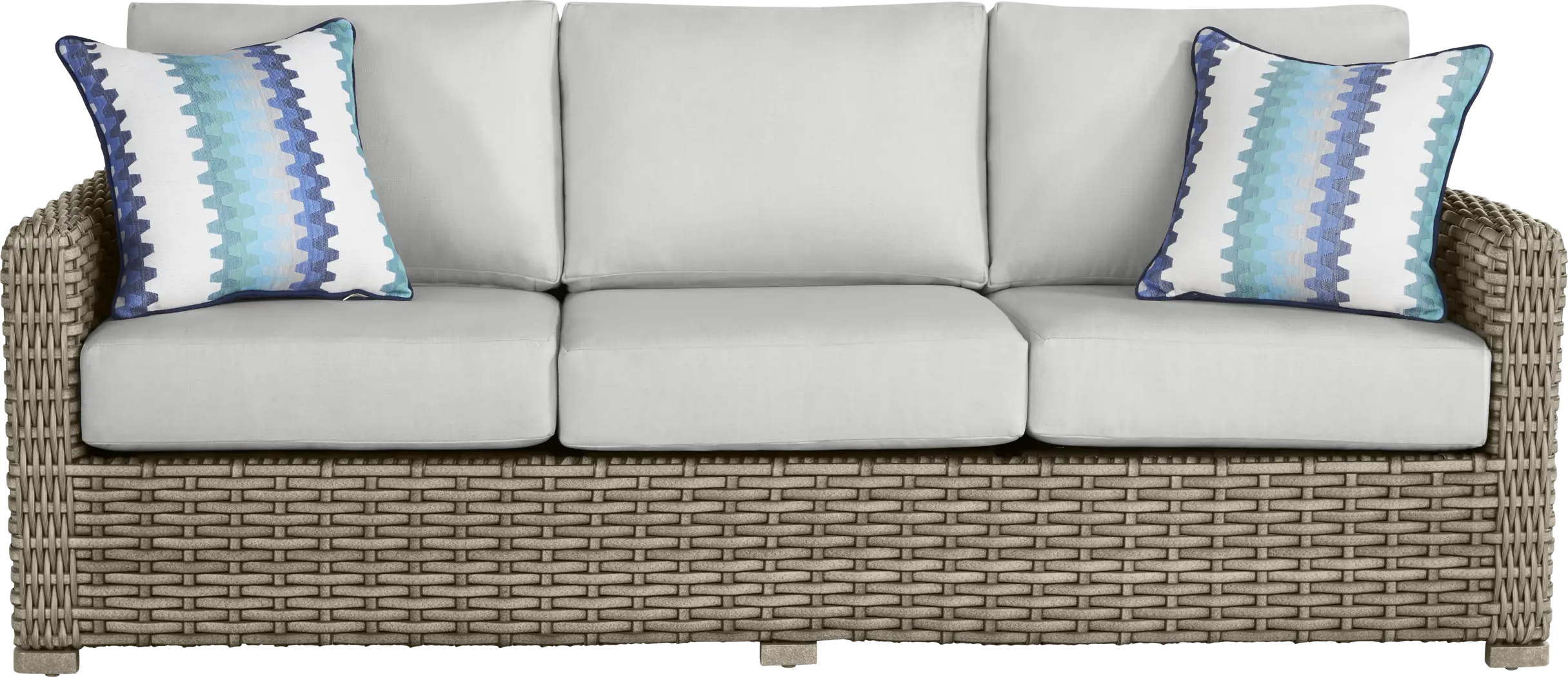 Siesta Key Driftwood Finish Outdoor Sofa with Dove Cushions - Thumbnail - Image 1