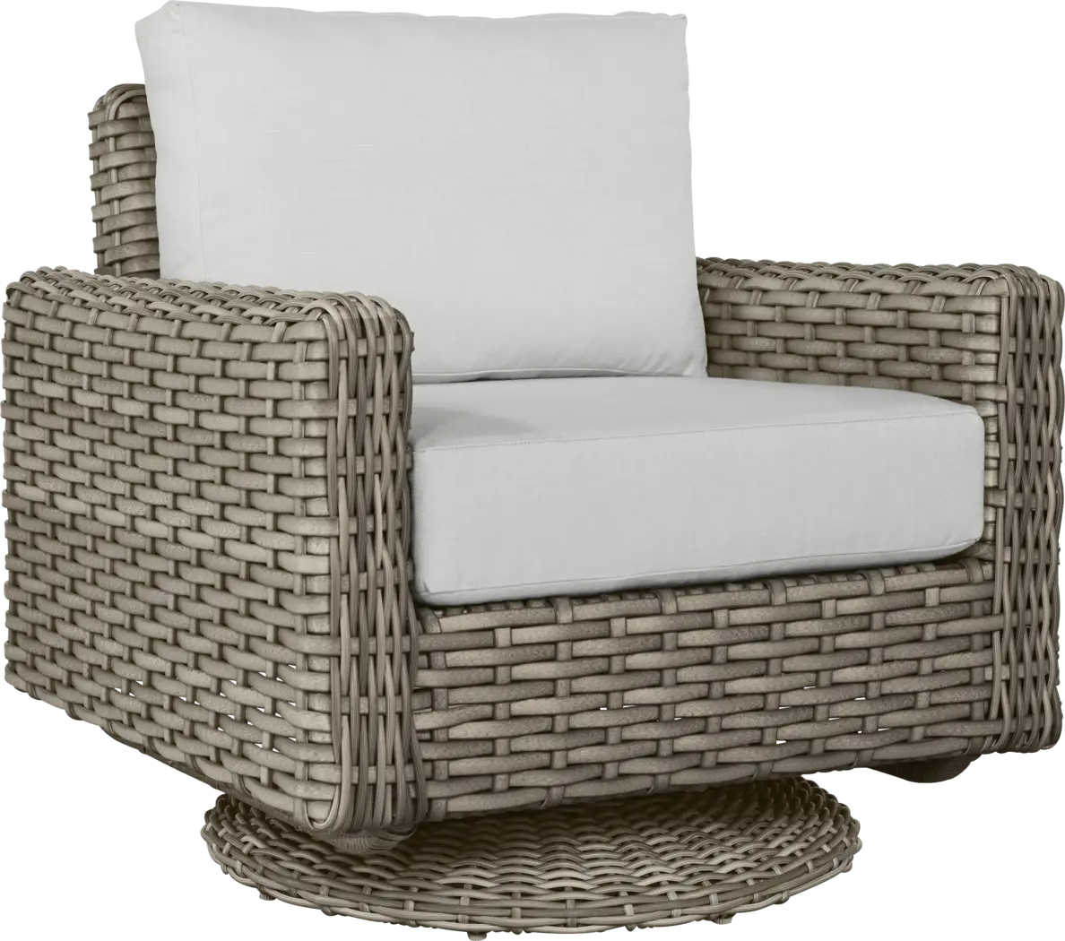 Siesta Key Driftwood Finish Outdoor Swivel Chair with Dove Cushions - Thumbnail - Image 1