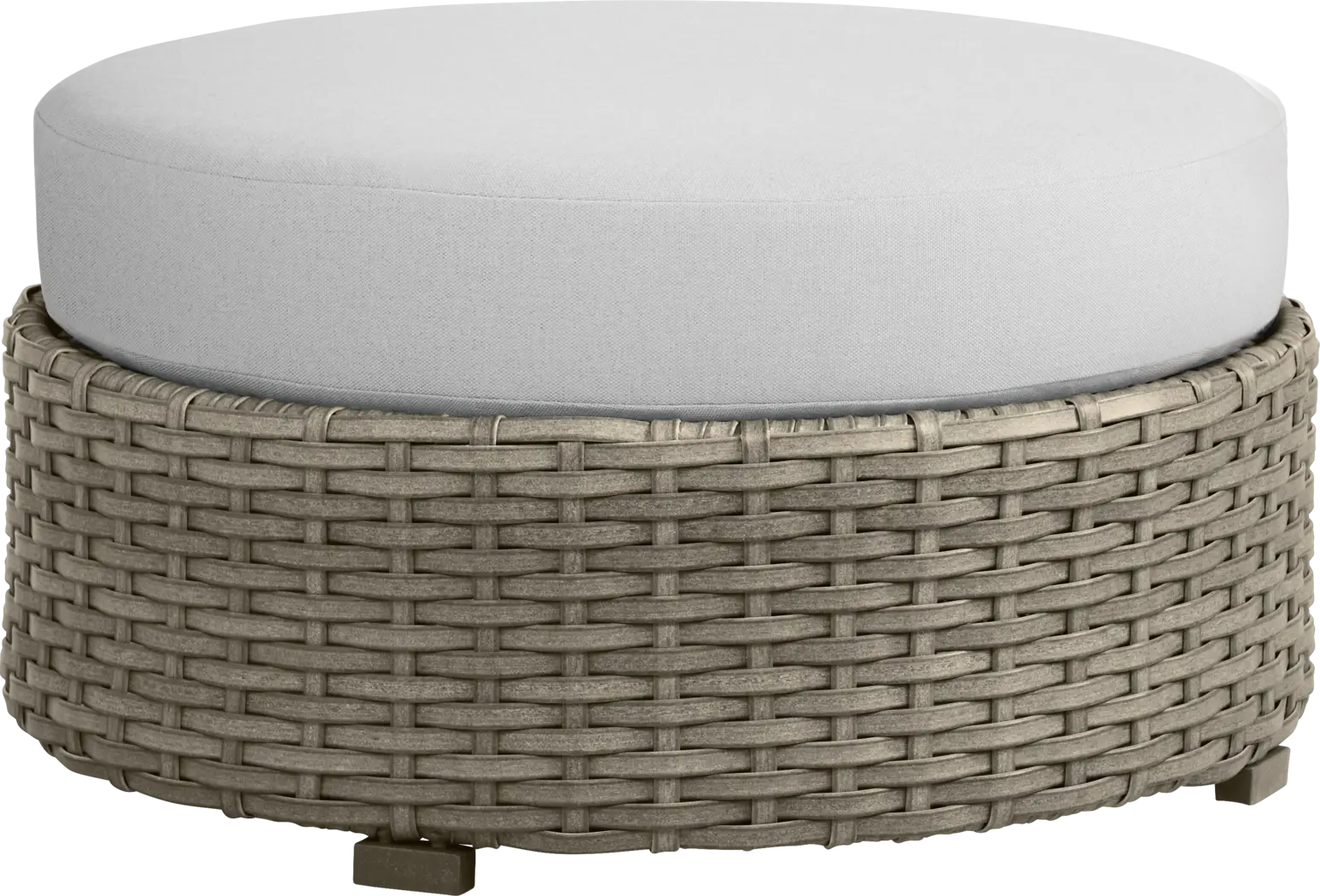 Siesta Key Driftwood Finish Round Outdoor Ottoman with Dove Cushion - Thumbnail - Image 1