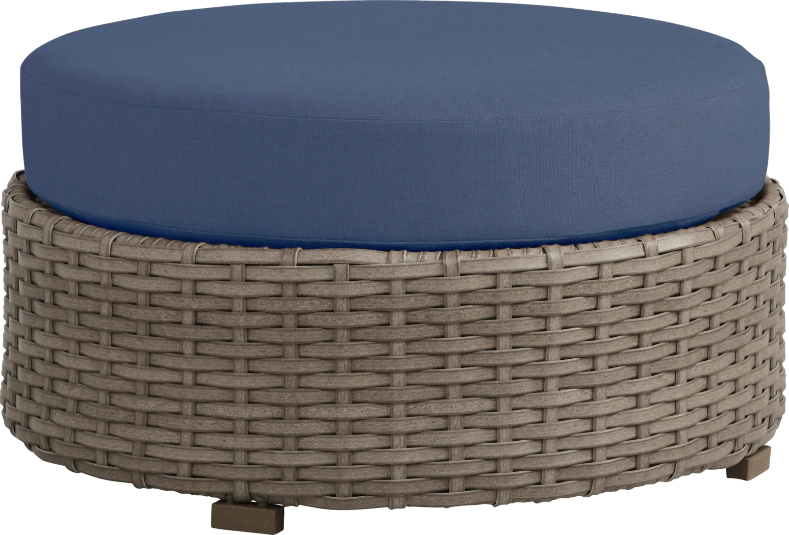 Siesta Key Driftwood Round Outdoor Ottoman with Indigo Cushions - Thumbnail - Image 1