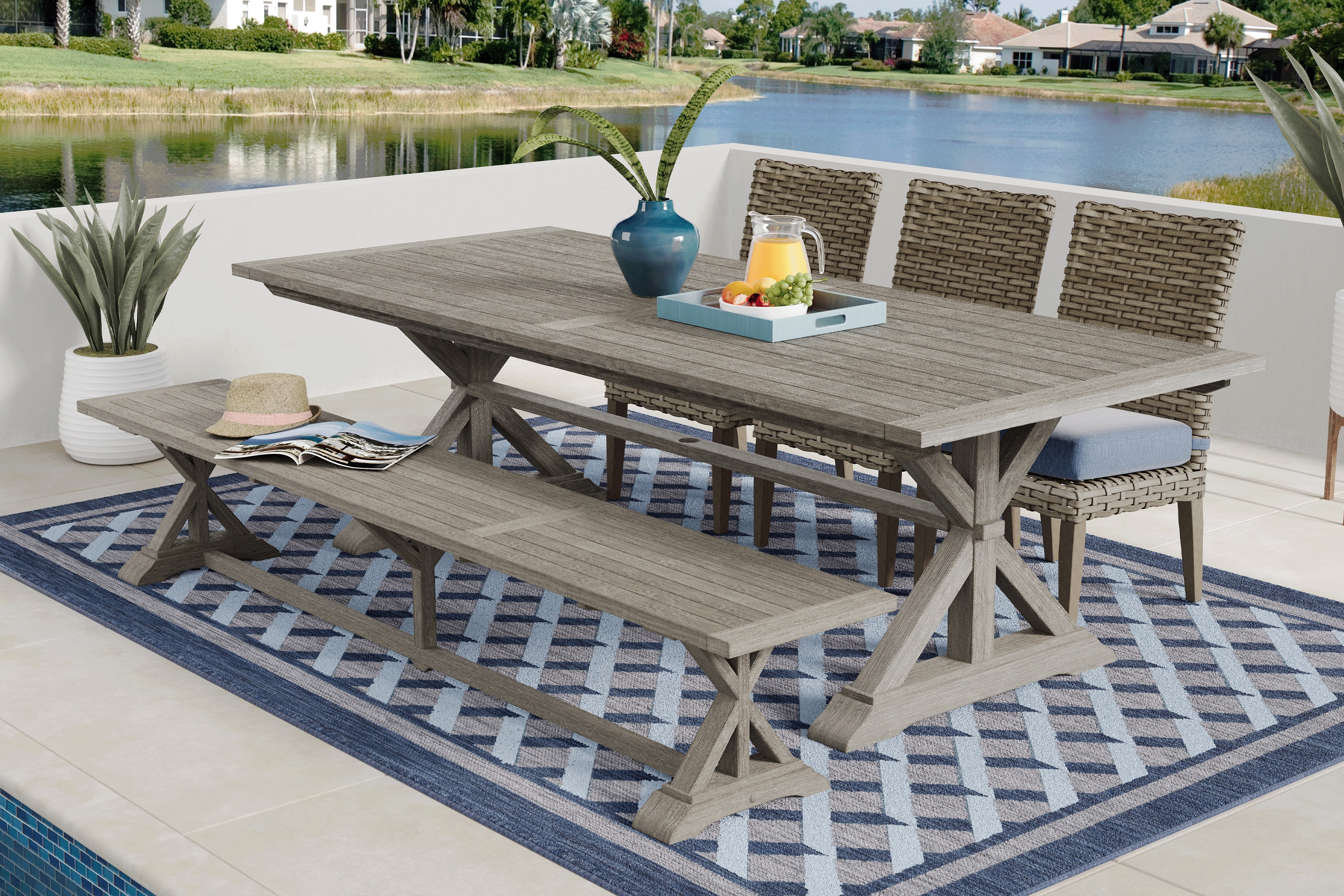 Siesta Key Gray 5 Pc Rectangle Outdoor Dining Set with Steel Cushions and Bench - Thumbnail - Image 1