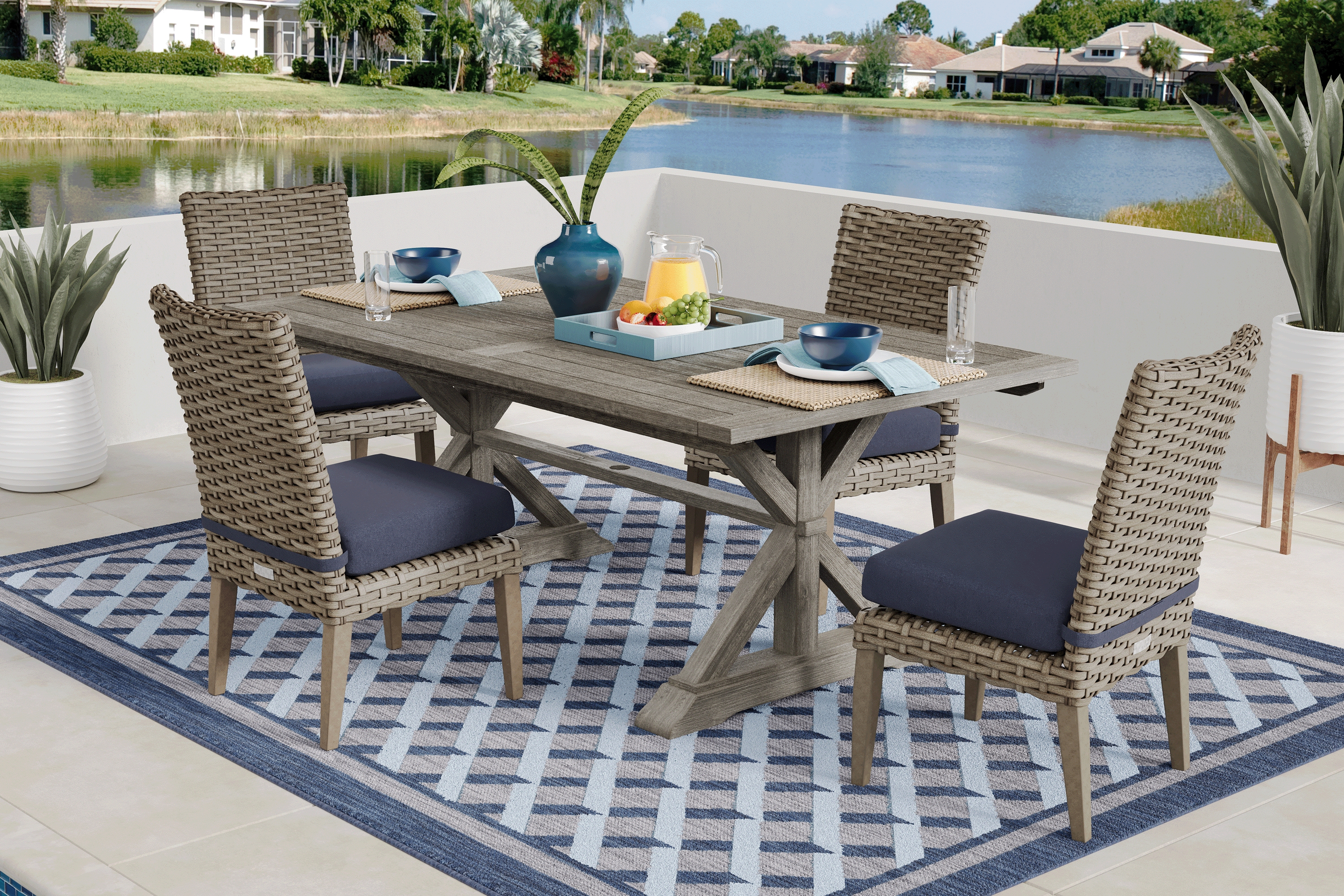 Siesta Key Gray 5 Pc Rectangle Outdoor Dining Set with Indigo Cushions - Thumbnail - Image 1