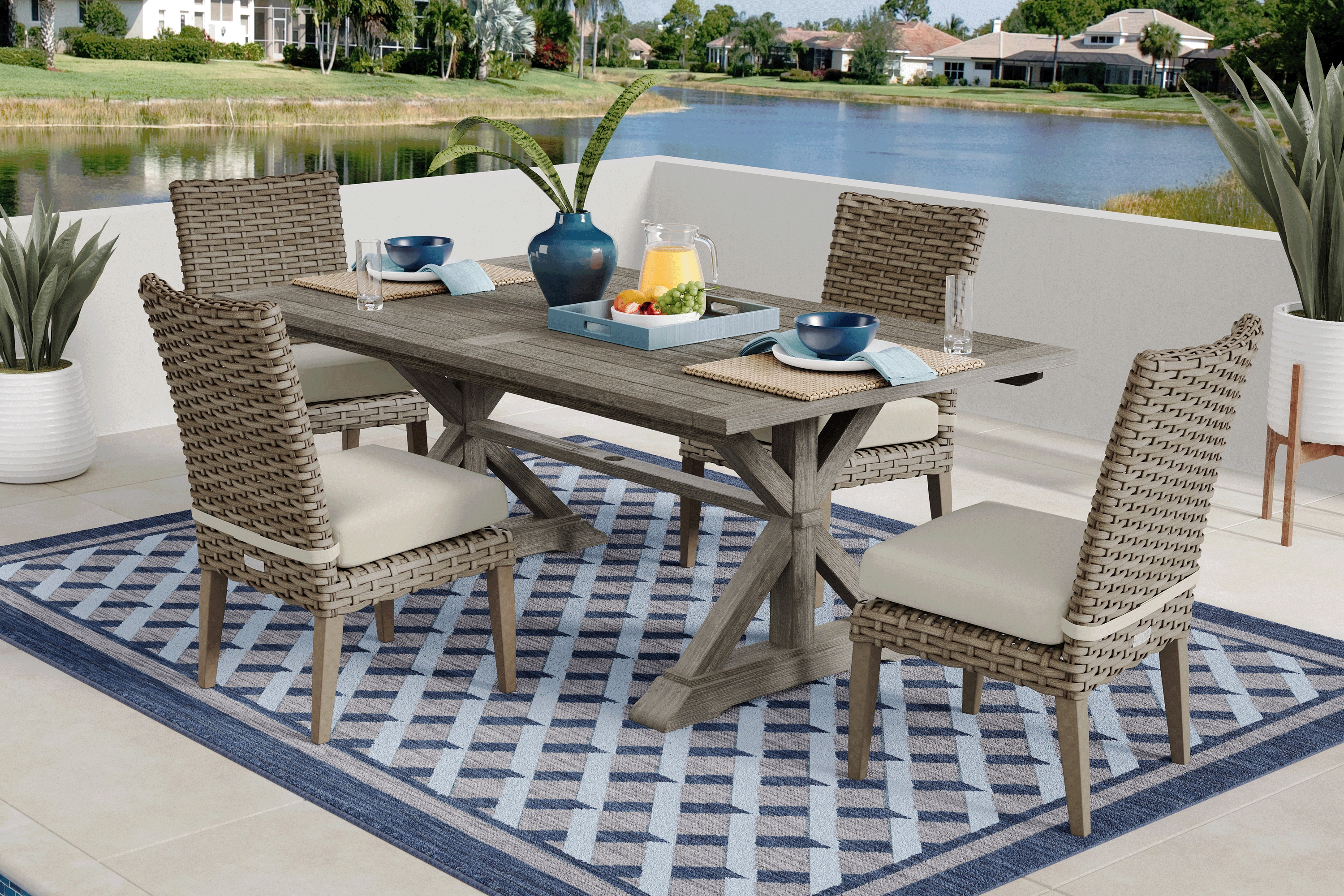 Siesta Key Gray 5 Pc Rectangle Outdoor Dining Set with Linen Cushions - Thumbnail - Image 1