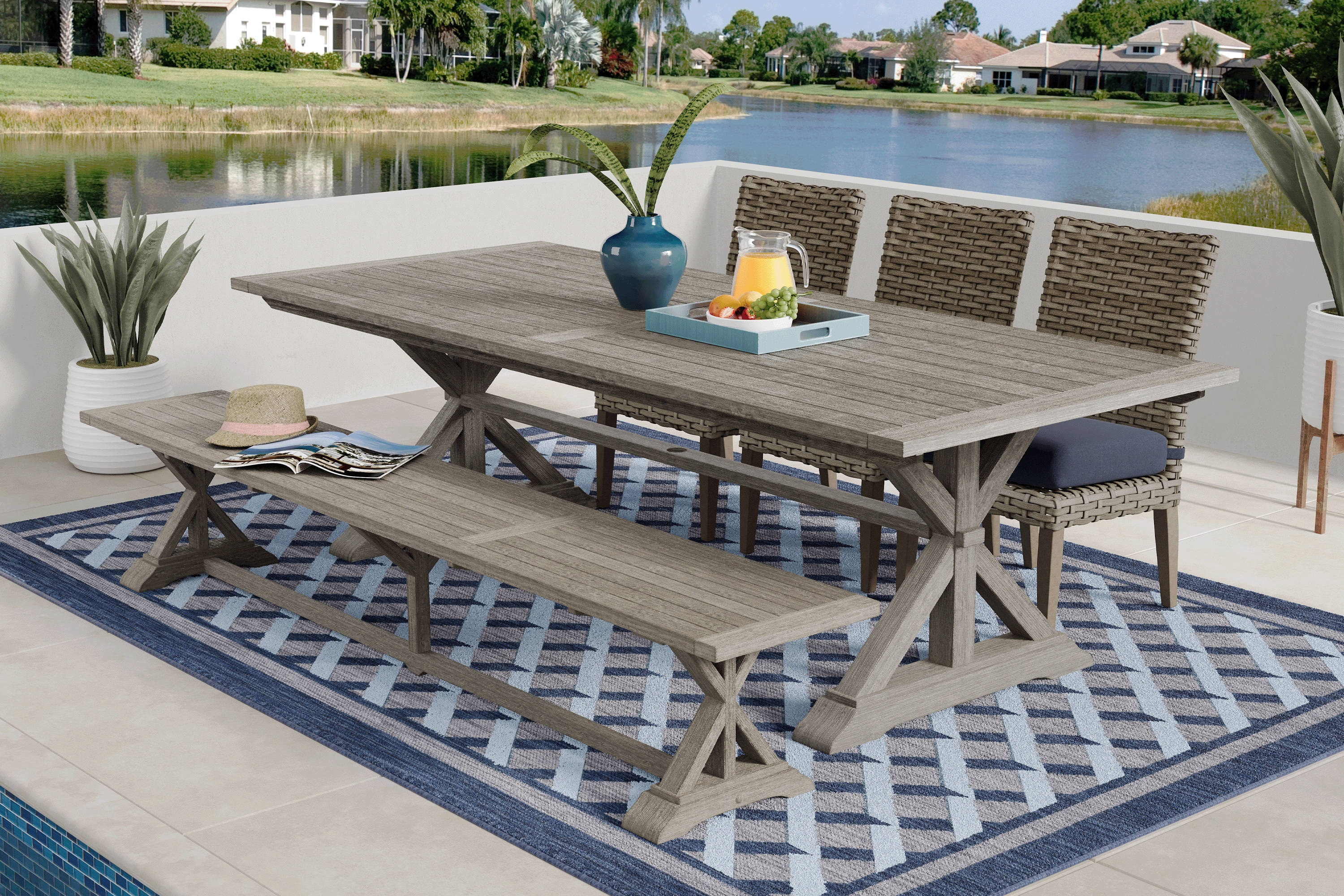 Siesta Key Gray 5 Pc Rectangle Outdoor Dining Set with Indigo Cushions and Bench - Thumbnail - Image 1