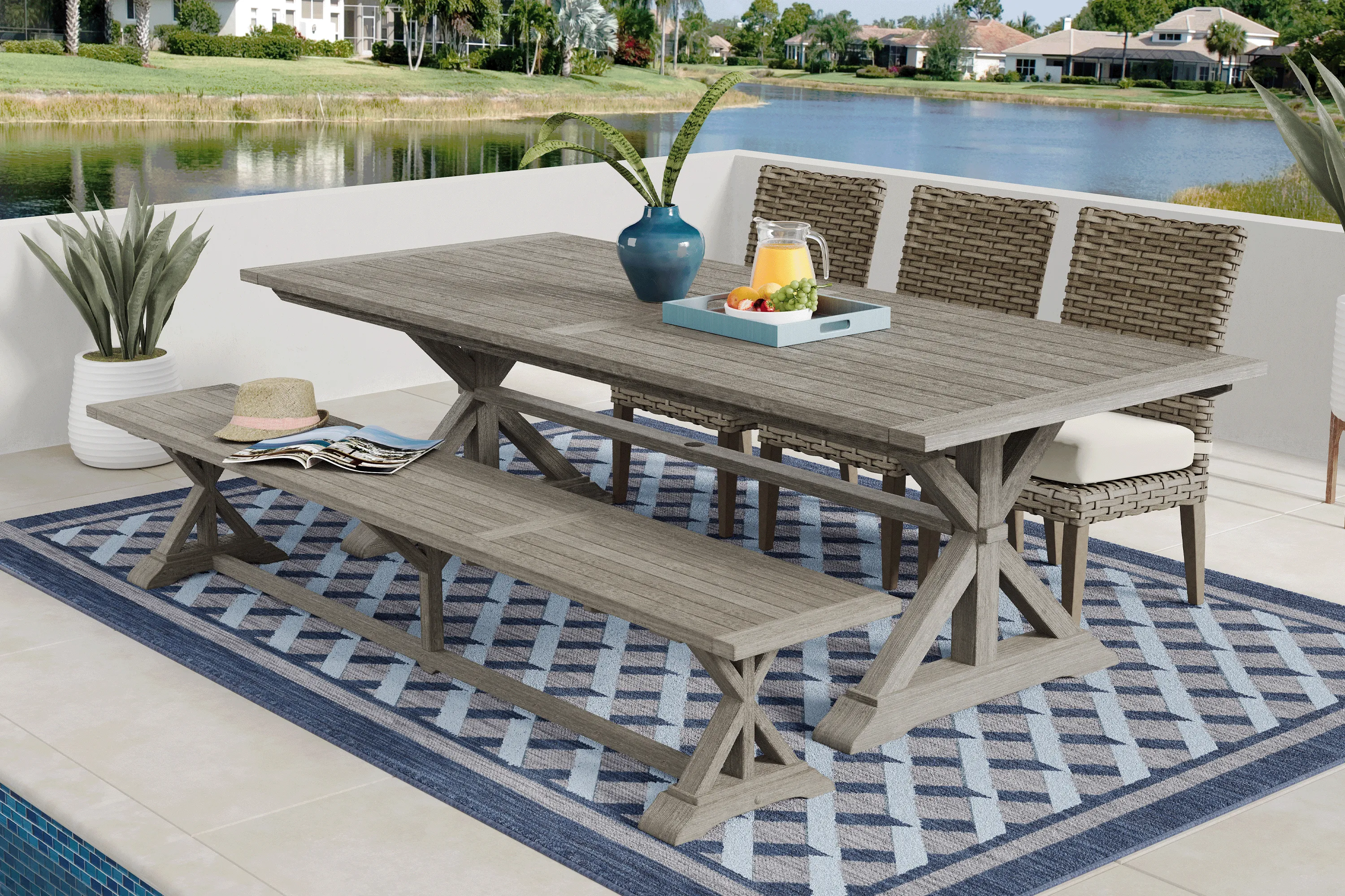 Siesta Key Gray 5 Pc Rectangle Outdoor Dining Set with Linen Cushions and Bench - Thumbnail - Image 1