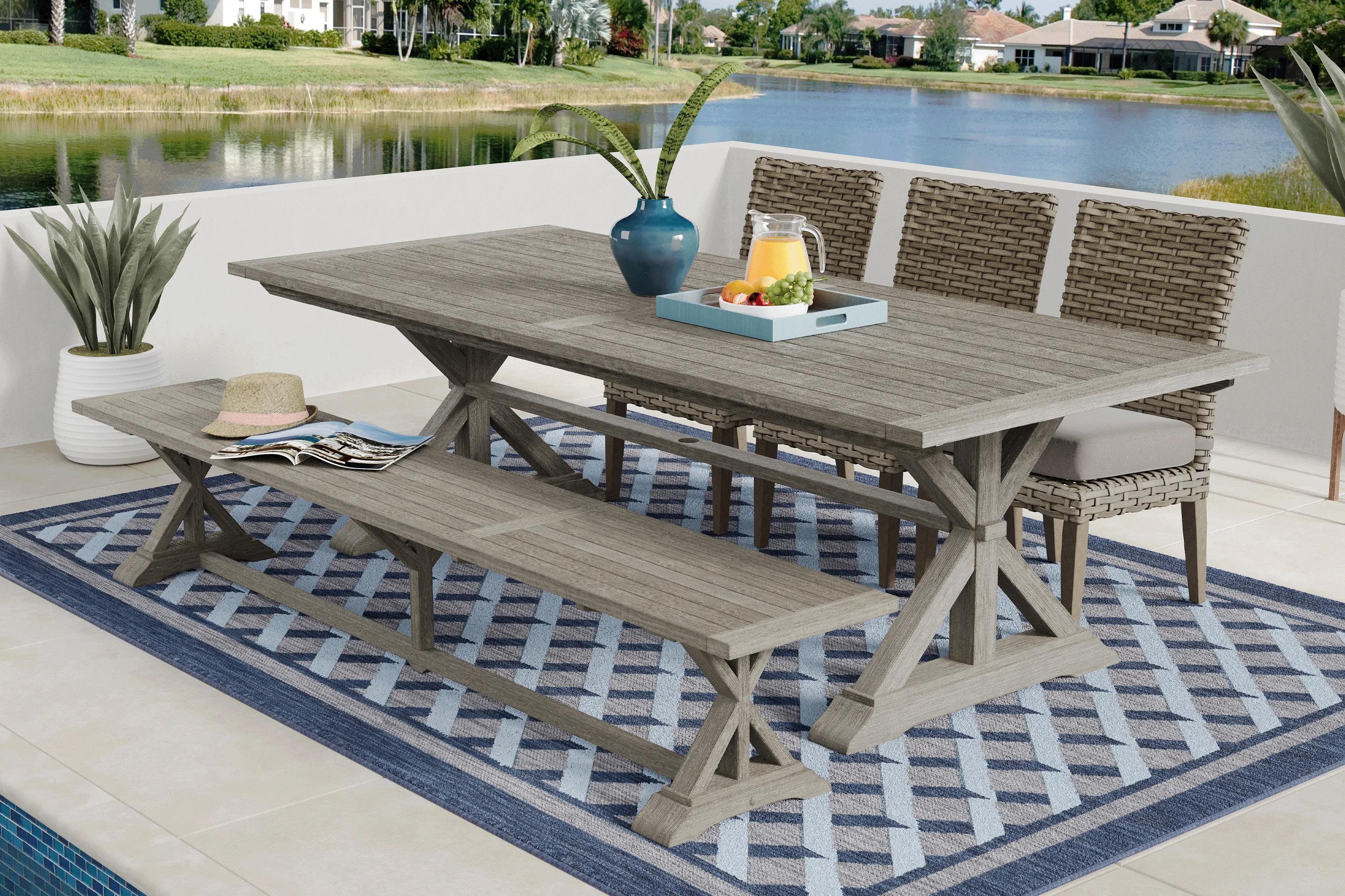 Siesta Key Gray 5 Pc Rectangle Outdoor Dining Set with Twine Cushions and Bench - Thumbnail - Image 1