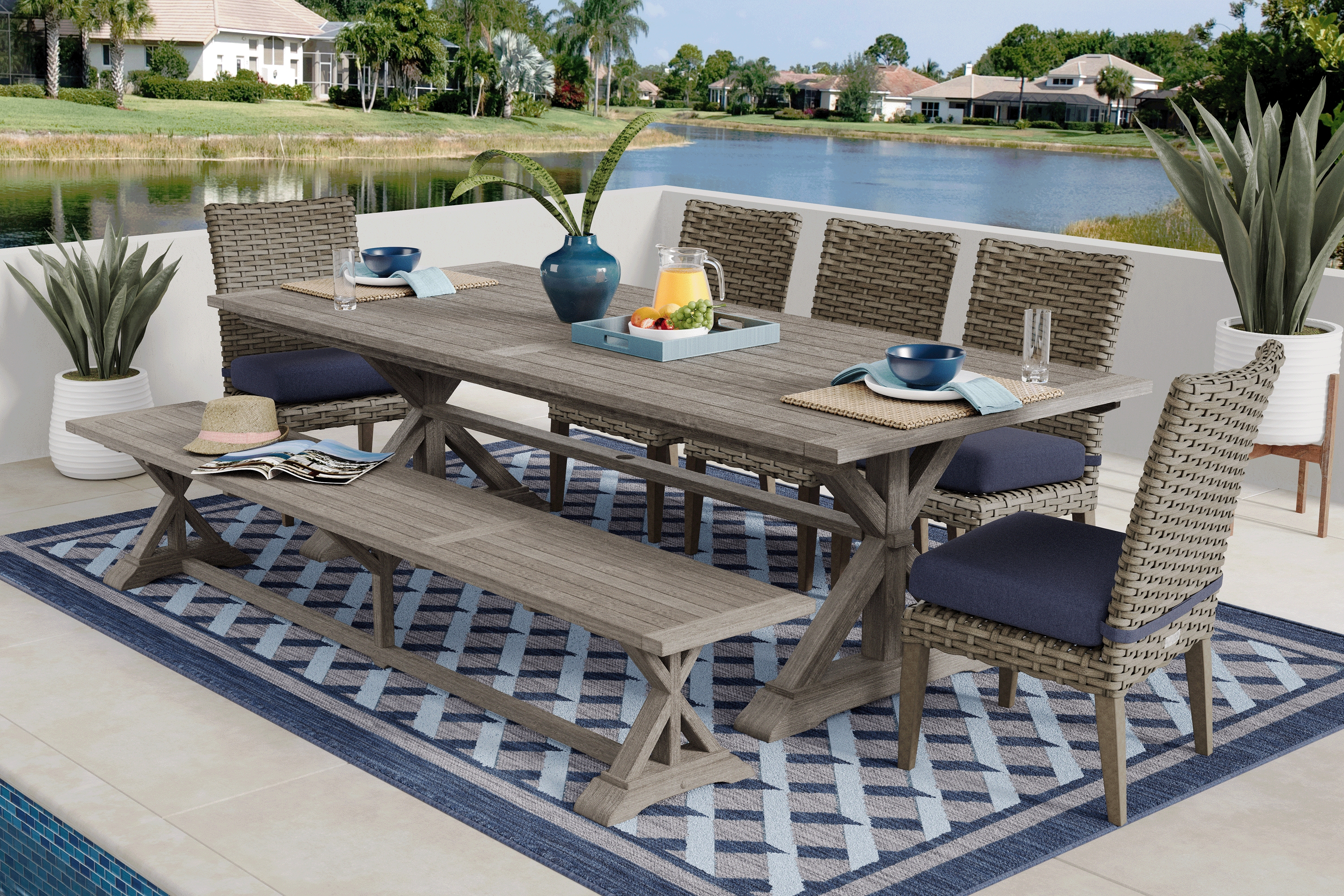 Siesta Key Gray 7 Pc Rectangle Outdoor Dining Set with Indigo Cushions and Bench - Thumbnail - Image 1