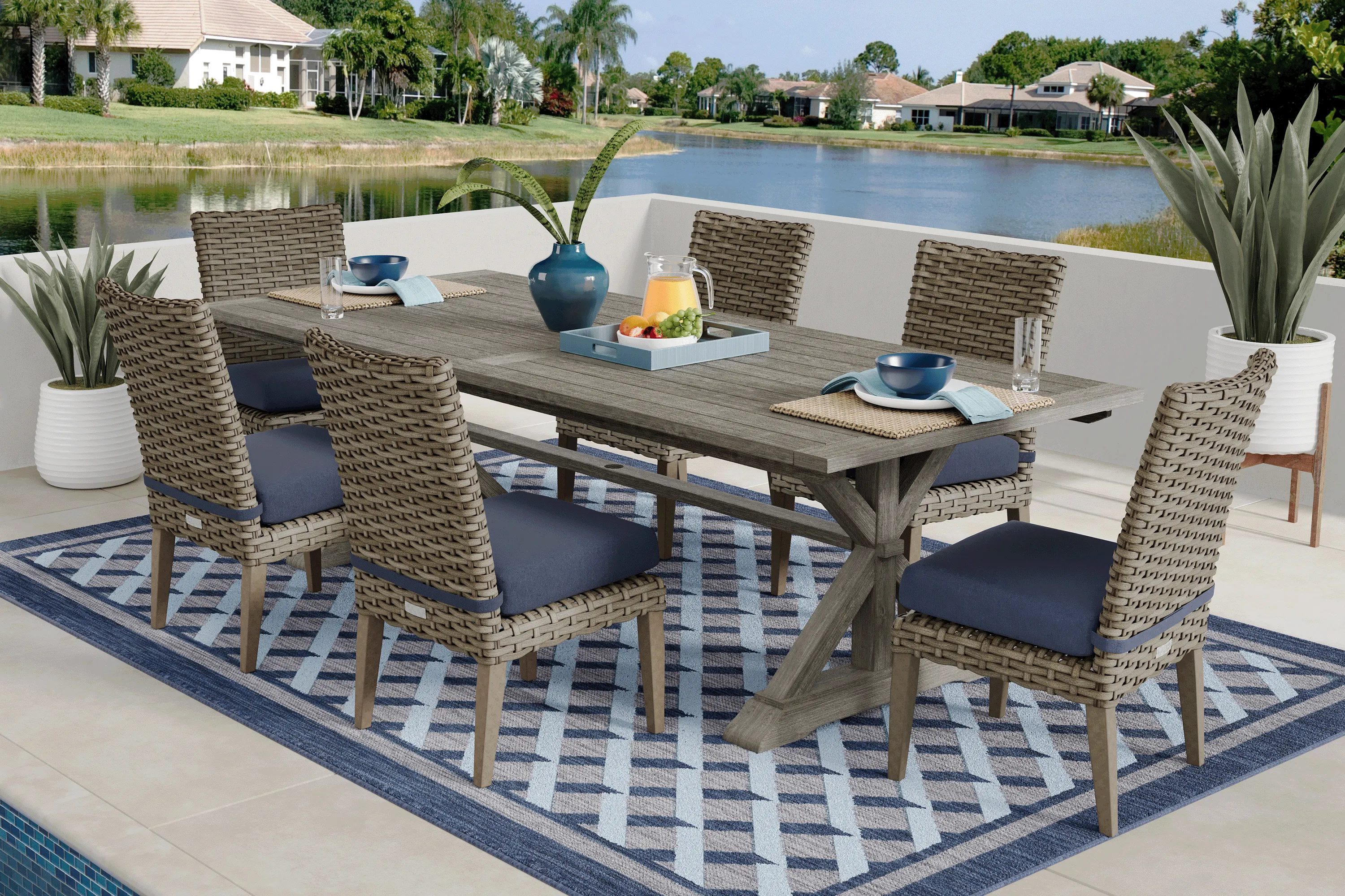 Siesta Key Gray 7 Pc Rectangle Outdoor Dining Set with Indigo Cushions - Thumbnail - Image 1