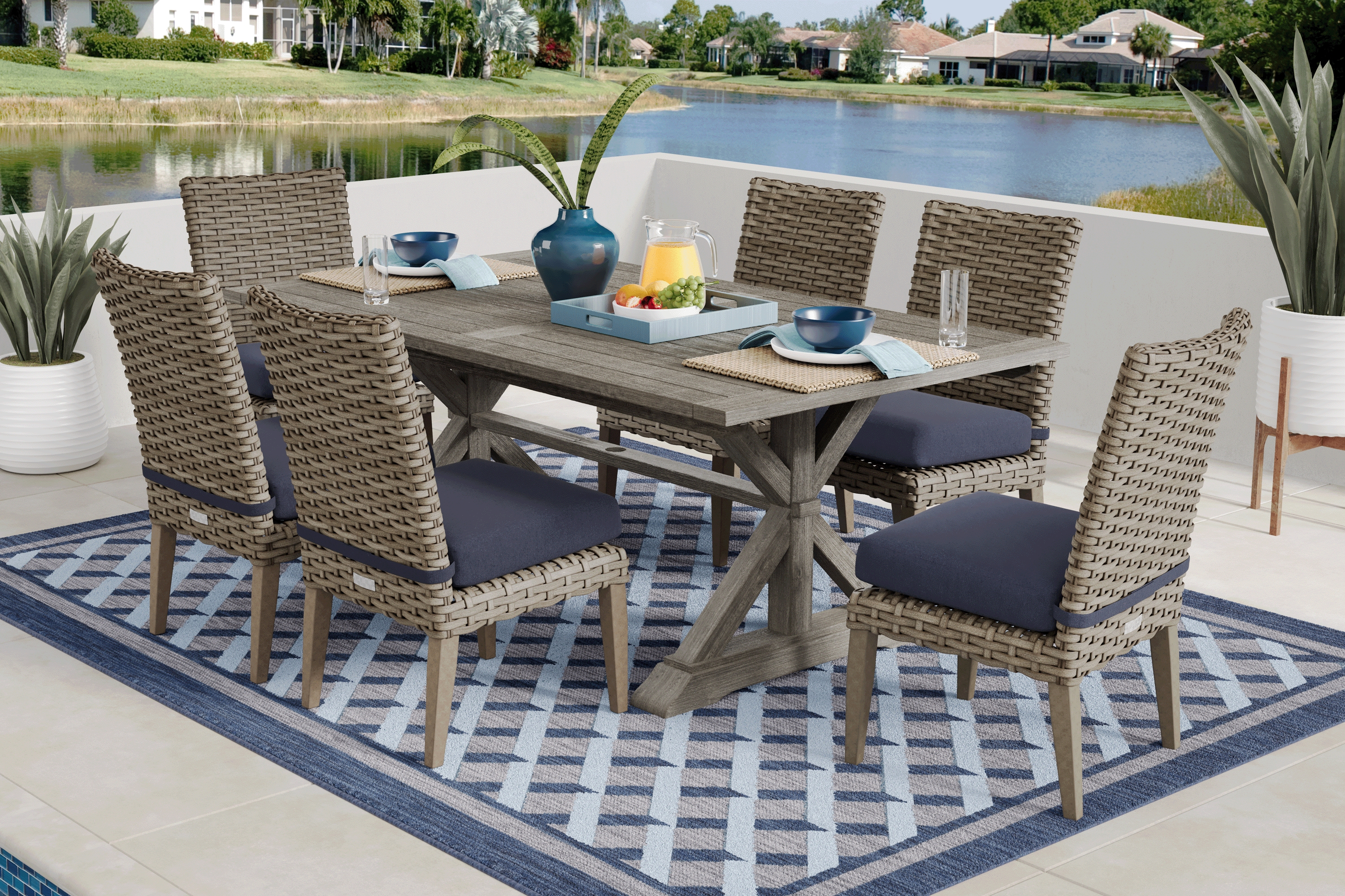 Siesta Key Gray 7 Pc Rectangle Outdoor Dining Set with Indigo Cushions - Thumbnail - Image 1